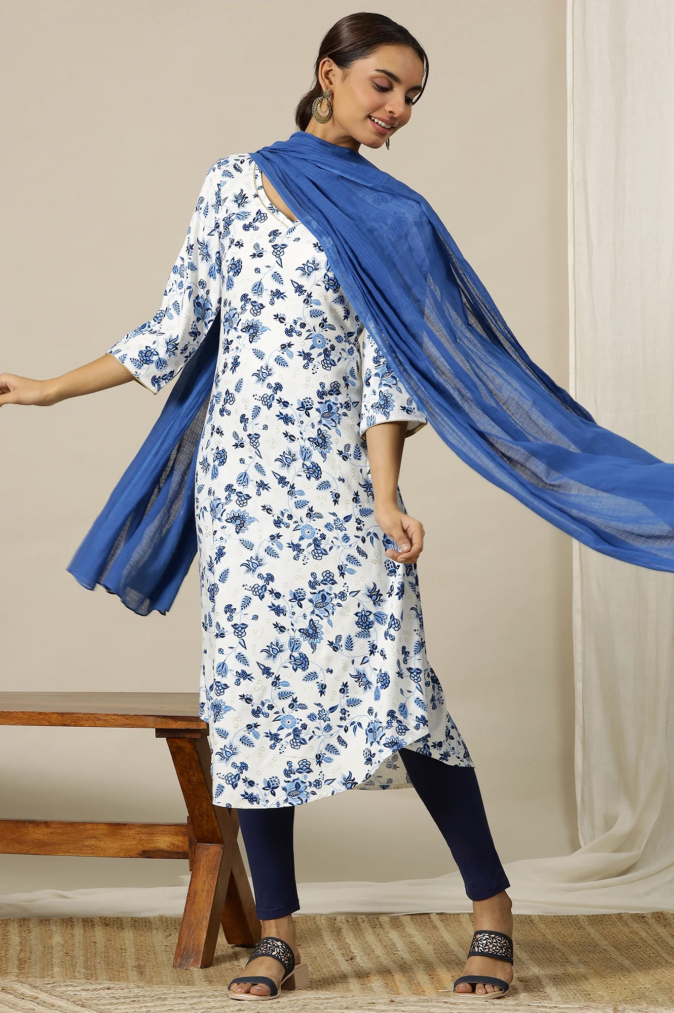 White Floral Gold Piping Flared Rayon Kurta - Image 7