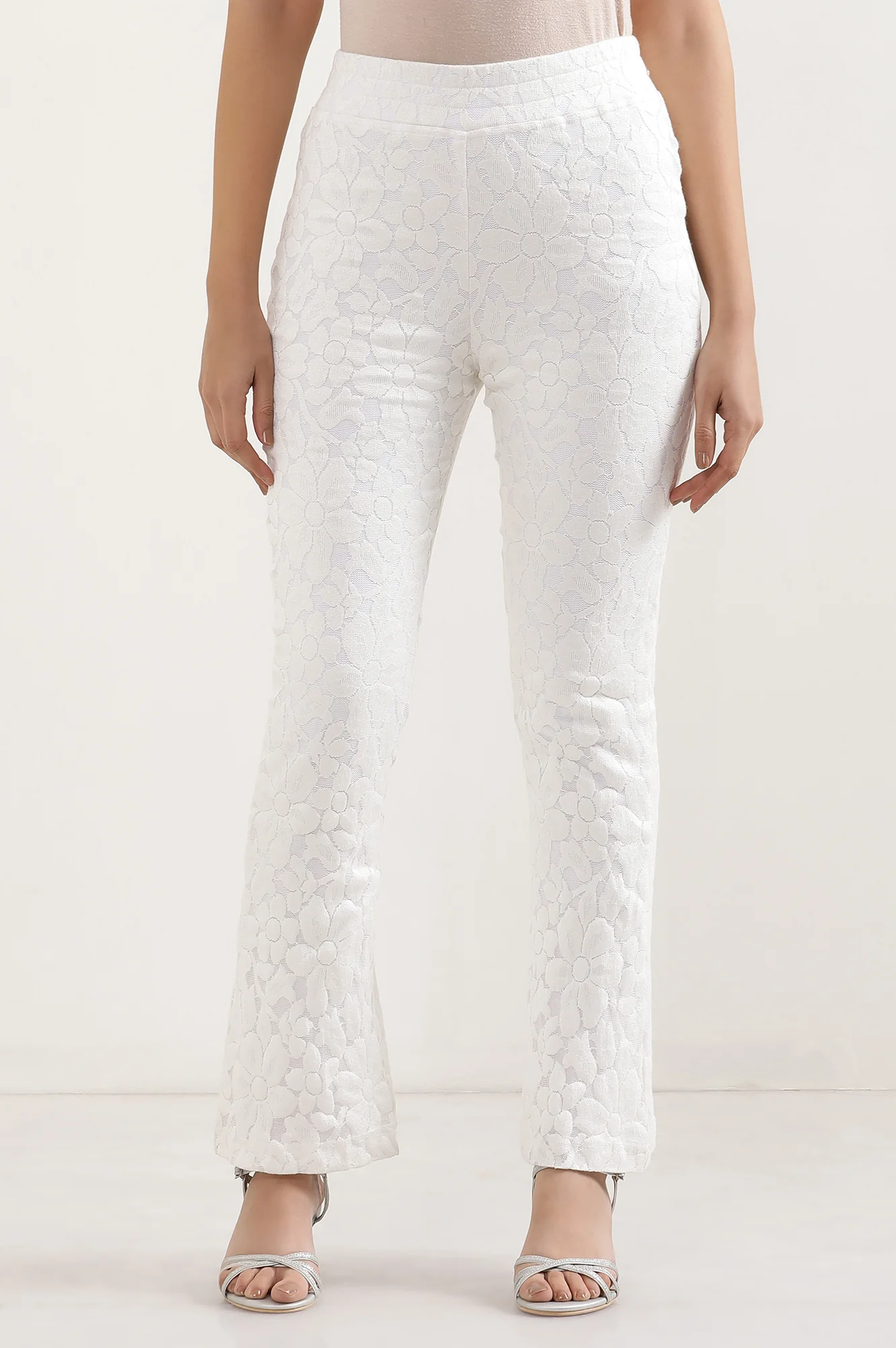 White Floral Flared Cotton Pants With Elasticated Waist - Image 2