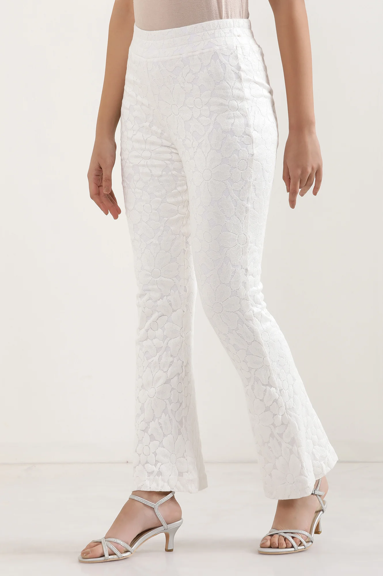 White Floral Flared Cotton Pants With Elasticated Waist - Image 3
