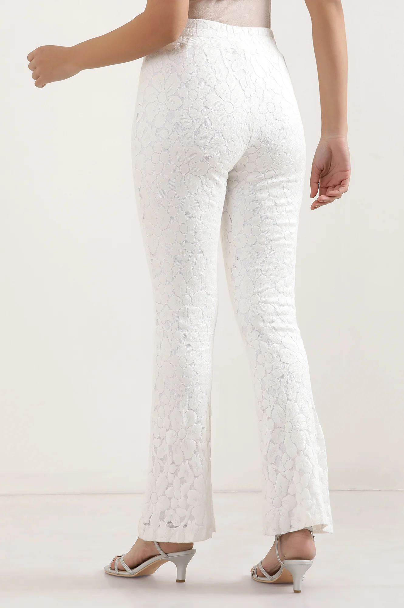 White Floral Flared Cotton Pants With Elasticated Waist - Image 4