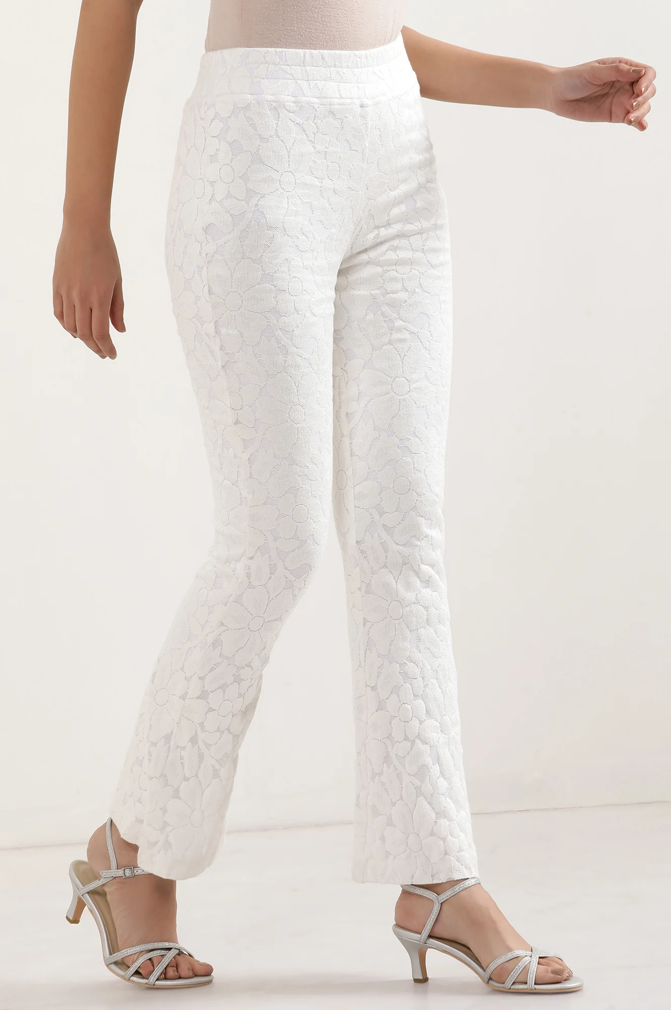 White Floral Flared Cotton Pants With Elasticated Waist - Image 5
