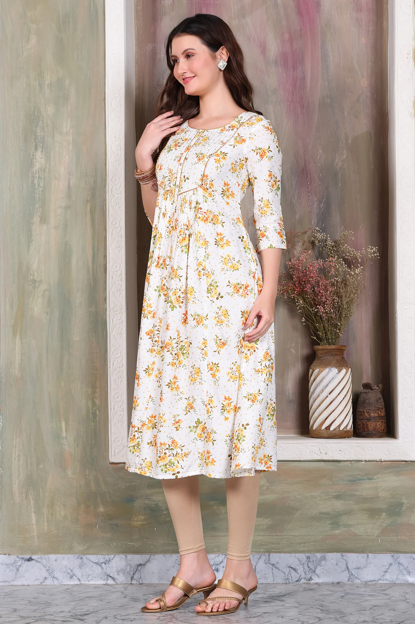 White Floral Printed A-line Kurta with Zari Embroidery - Image 5