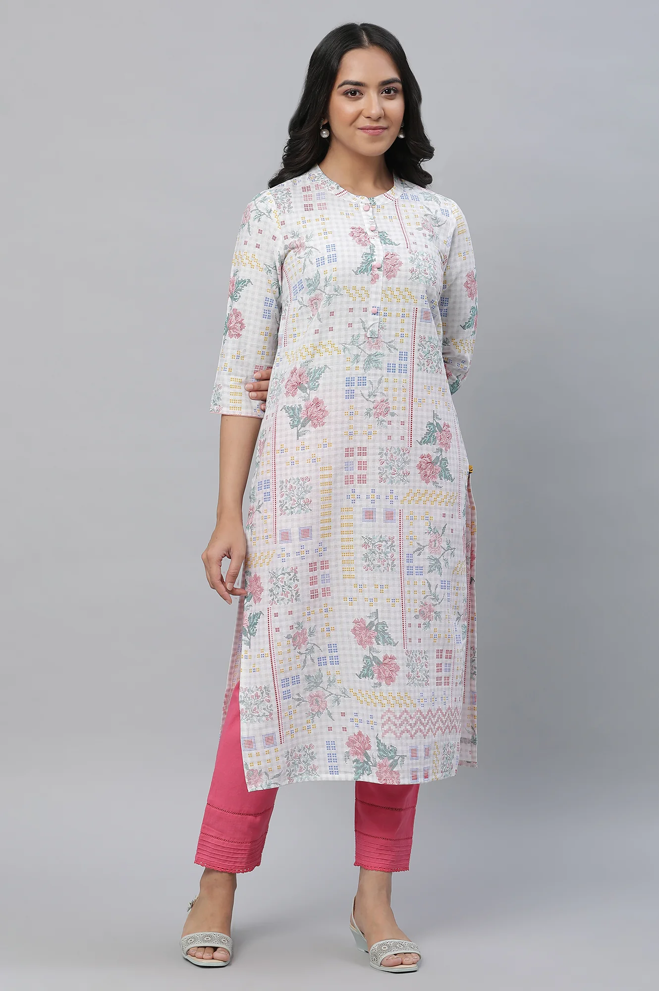 White Floral Printed Cotton Blend Kurta - Image 2