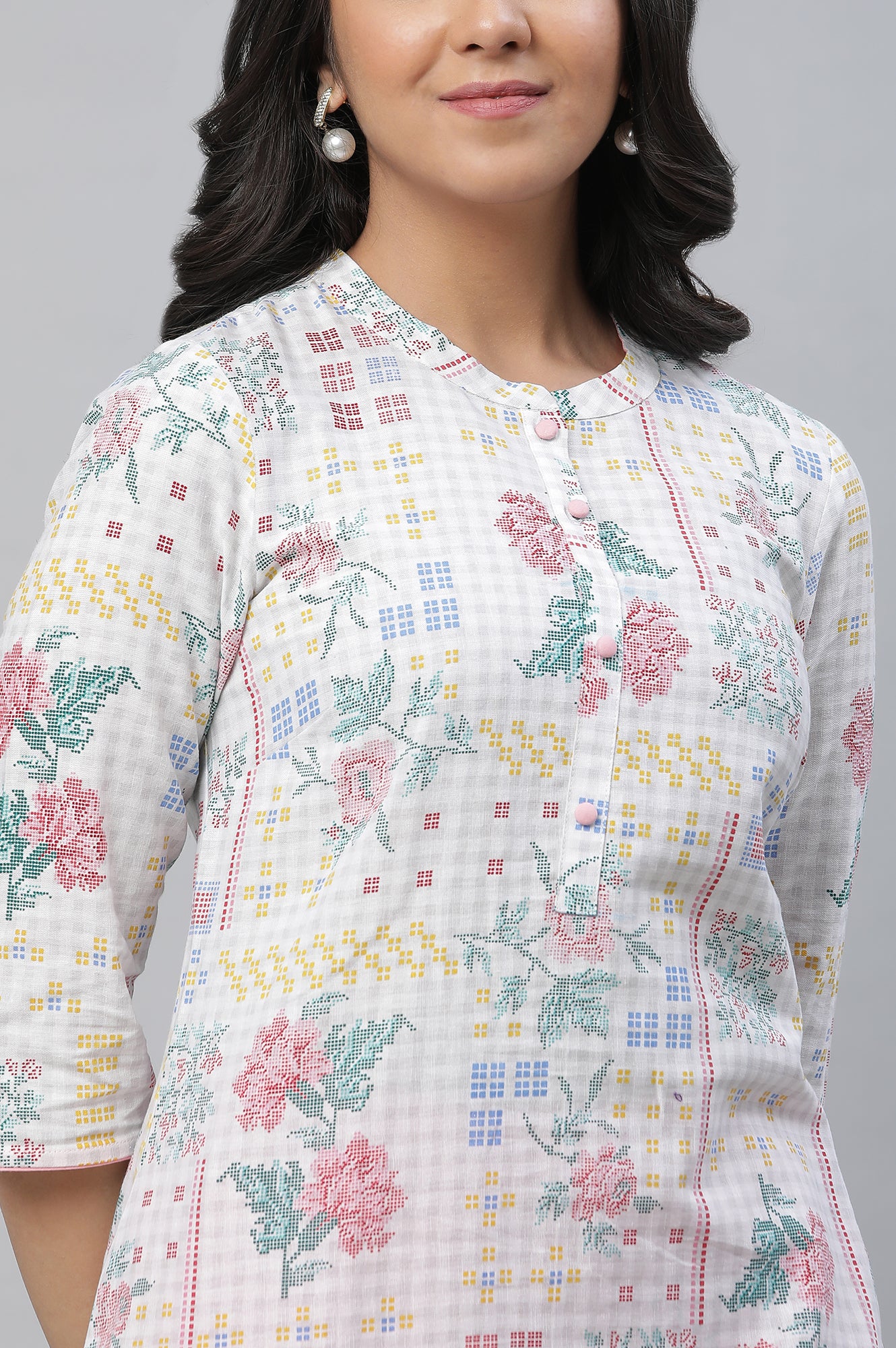 White Floral Printed Cotton Blend Kurta - Image 6
