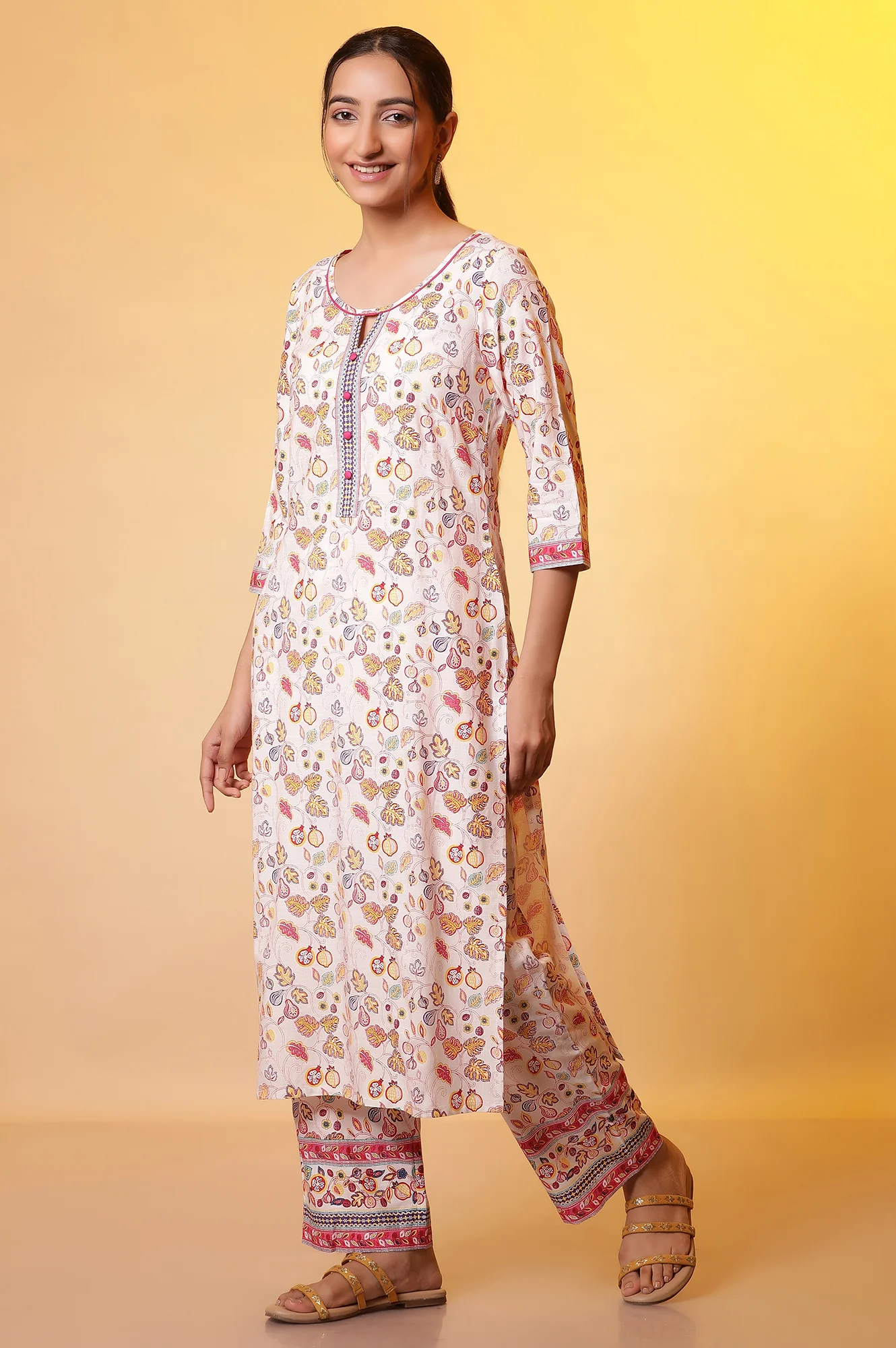 White Floral Printed Cotton Kurta, Palazzos and Dupatta Set - Image 3