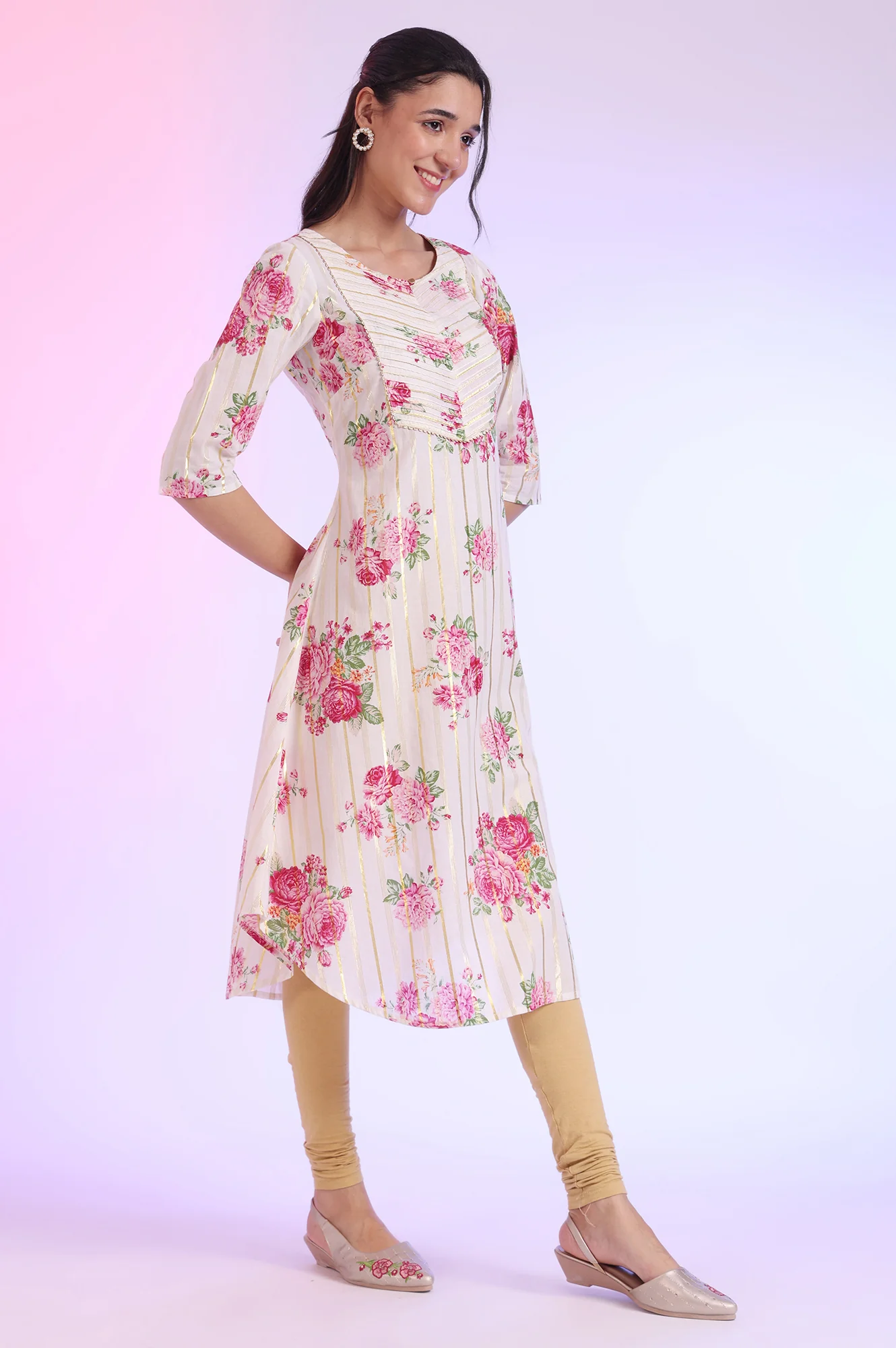 White Floral Printed Cotton Lurex A-line Kurta - Image 7