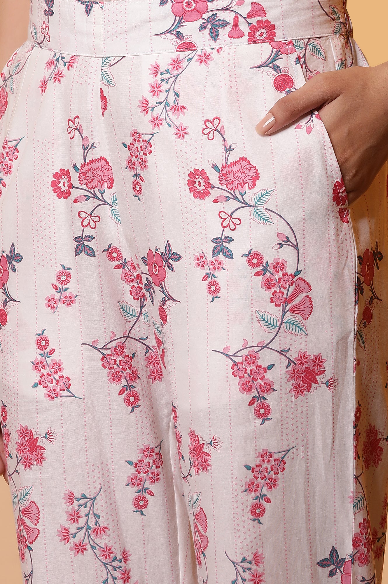 White Floral Printed Flared Kurta, and Palazzo Co-ord Set - Image 10