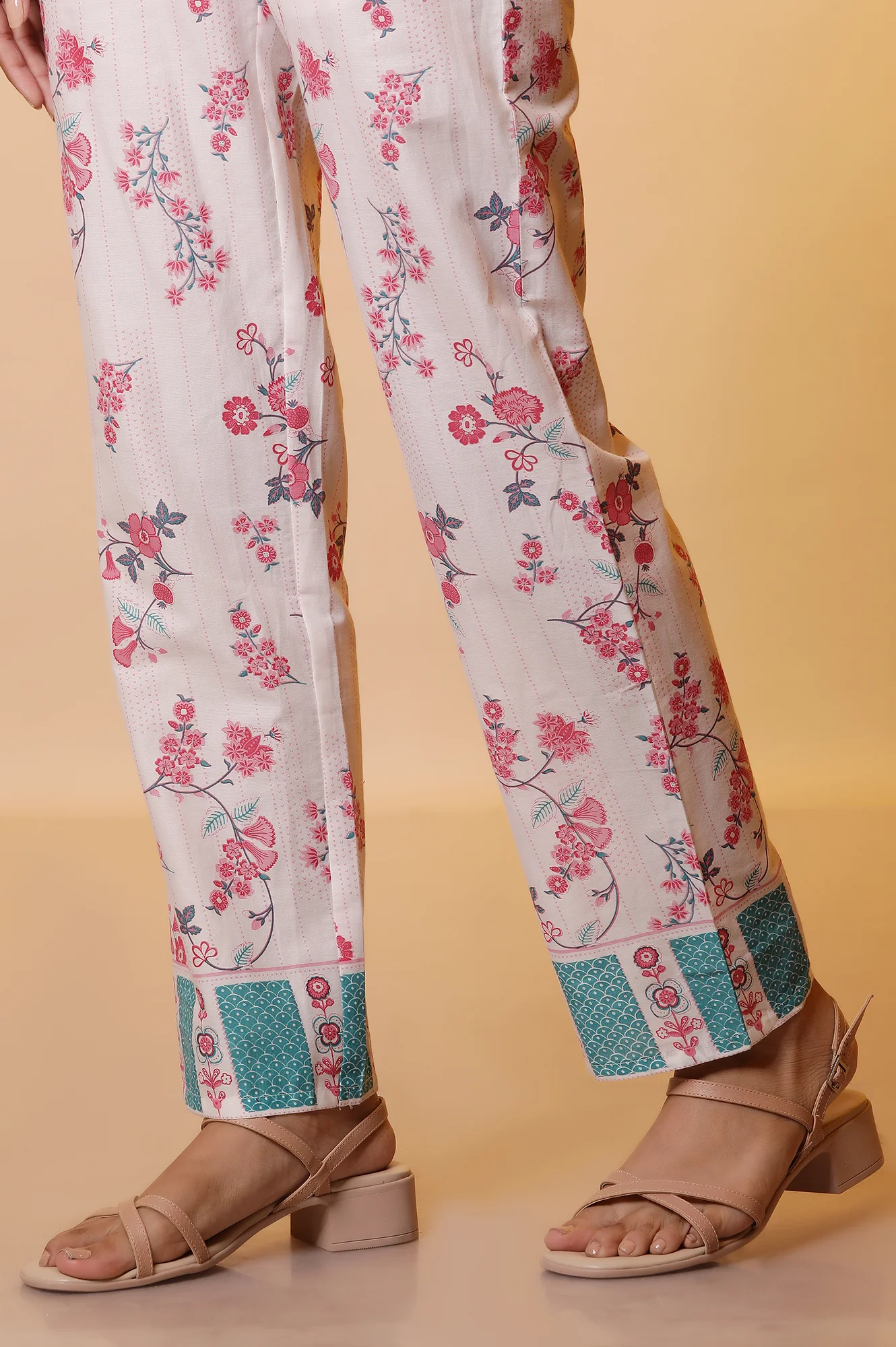 White Floral Printed Flared Kurta, and Palazzo Co-ord Set - Image 11