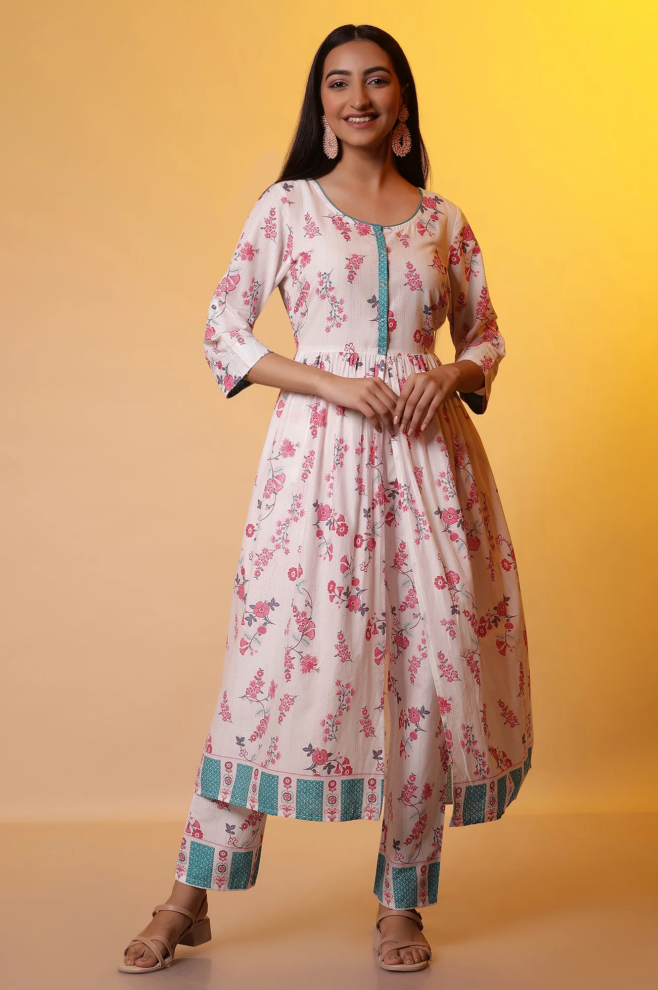 White Floral Printed Flared Kurta, and Palazzo Co-ord Set - Image 3