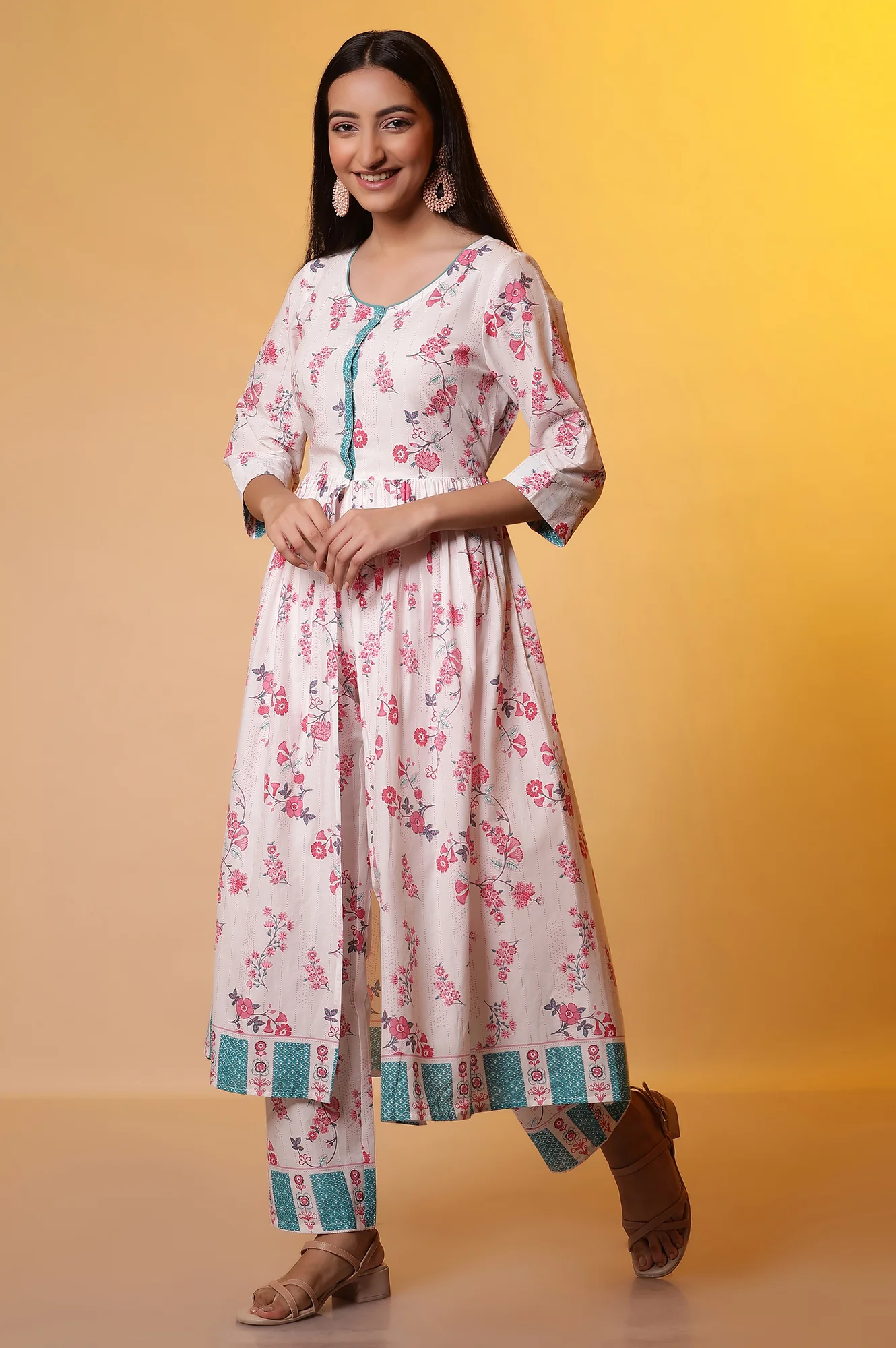 White Floral Printed Flared Kurta, and Palazzo Co-ord Set - Image 4