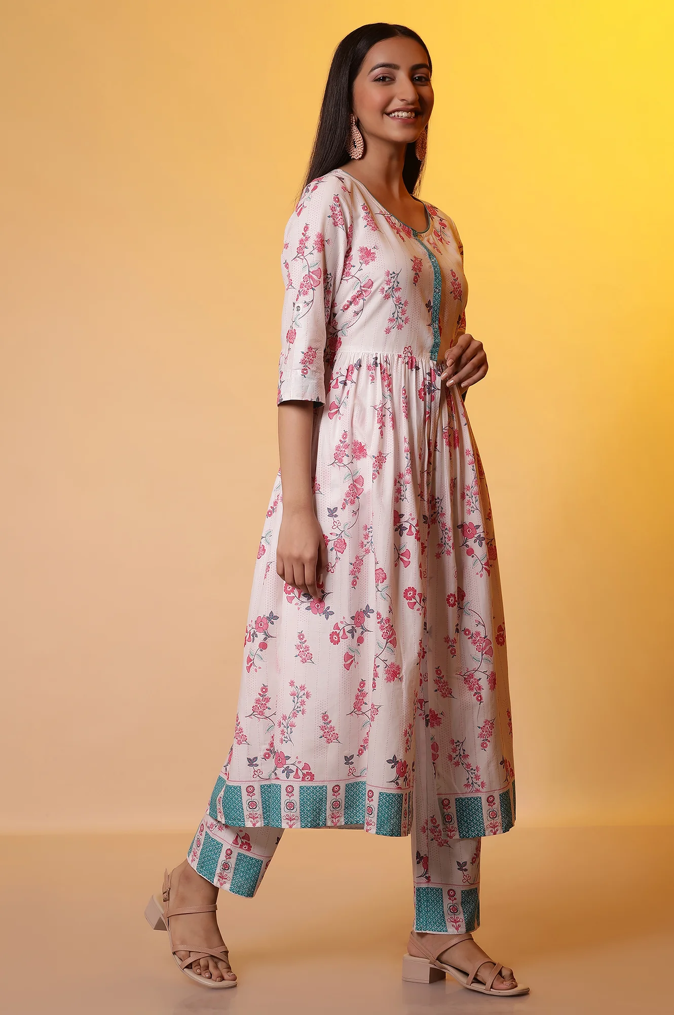 White Floral Printed Flared Kurta, and Palazzo Co-ord Set - Image 6