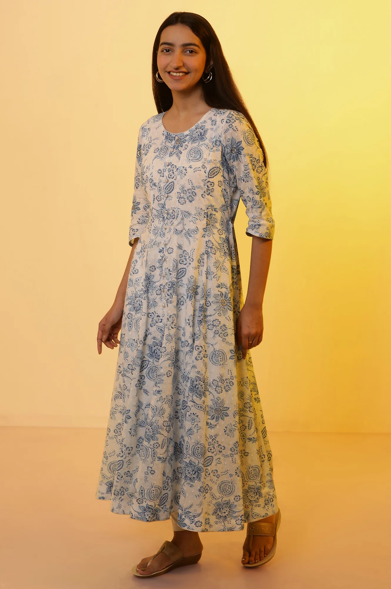 White Floral Printed Flared Kurta, Tights and Dupatta Set - Image 3