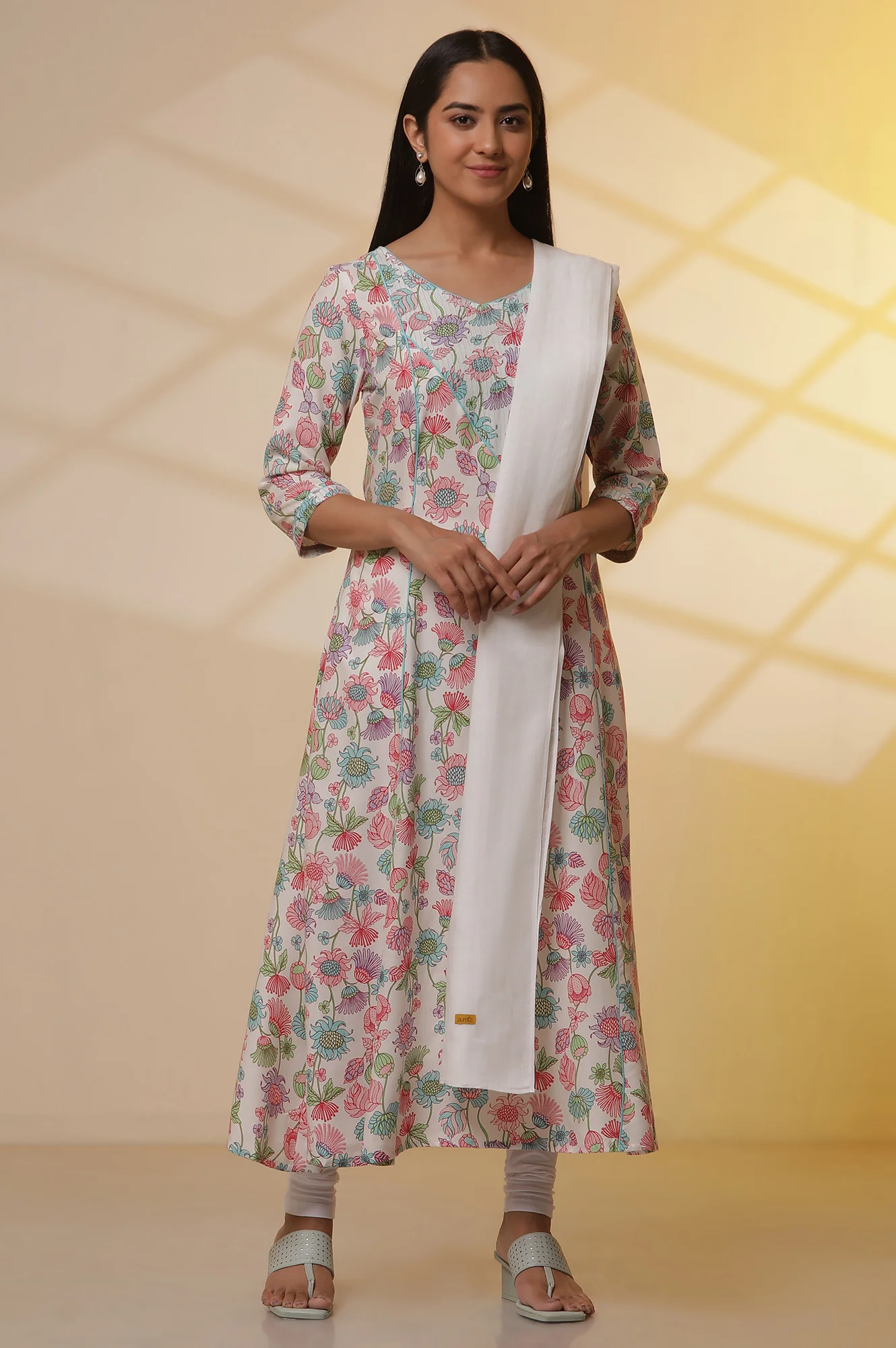 White Floral Printed Flared Kurta, Tights and Dupatta Set - Image 2