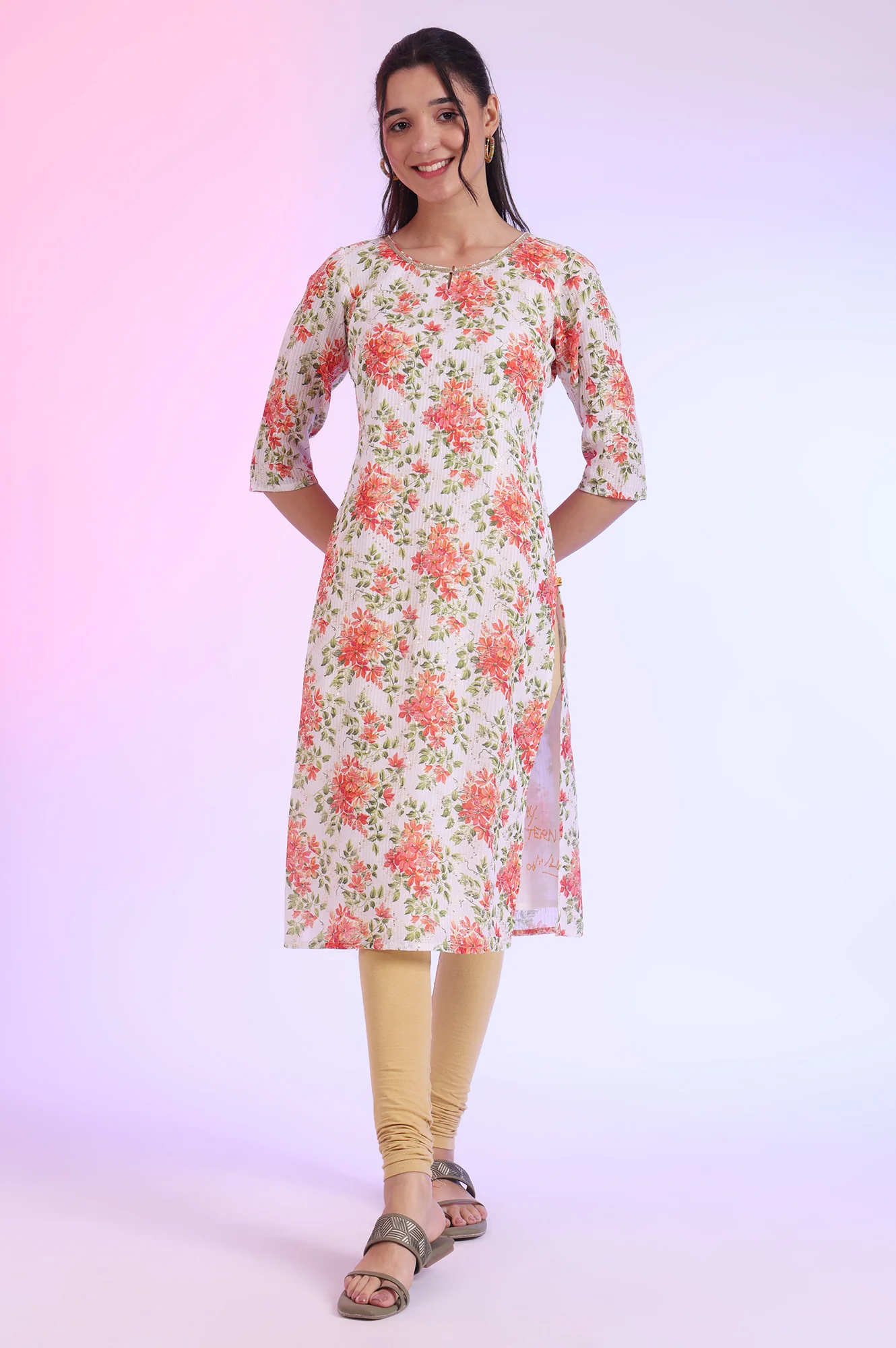 White Floral Printed Kota Straight Kurta - Image 3
