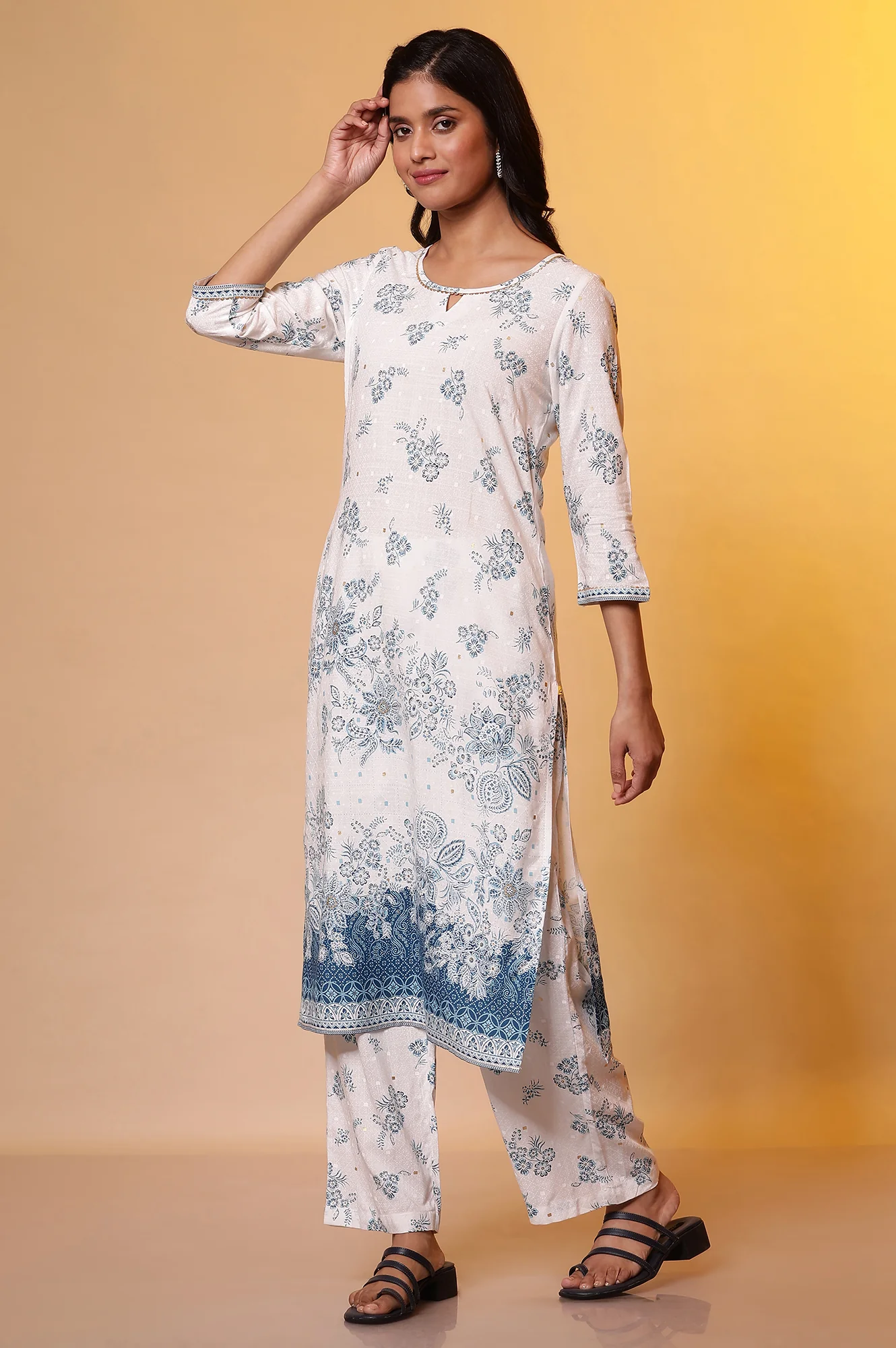 White Floral Printed Kurta, Palazzo and Dupatta Set - Image 3