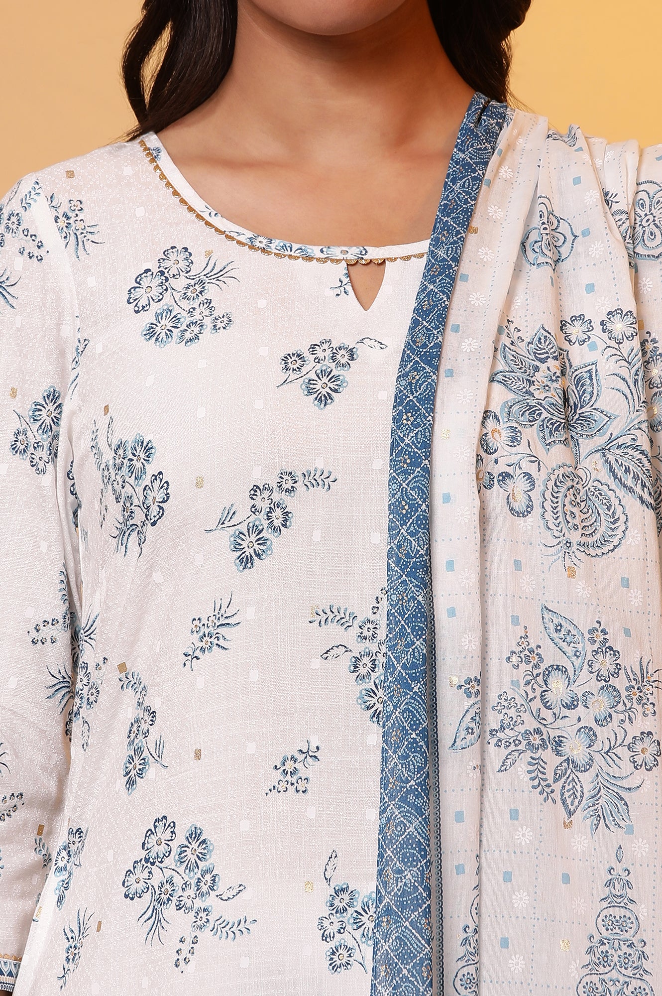 White Floral Printed Kurta, Palazzo and Dupatta Set - Image 6