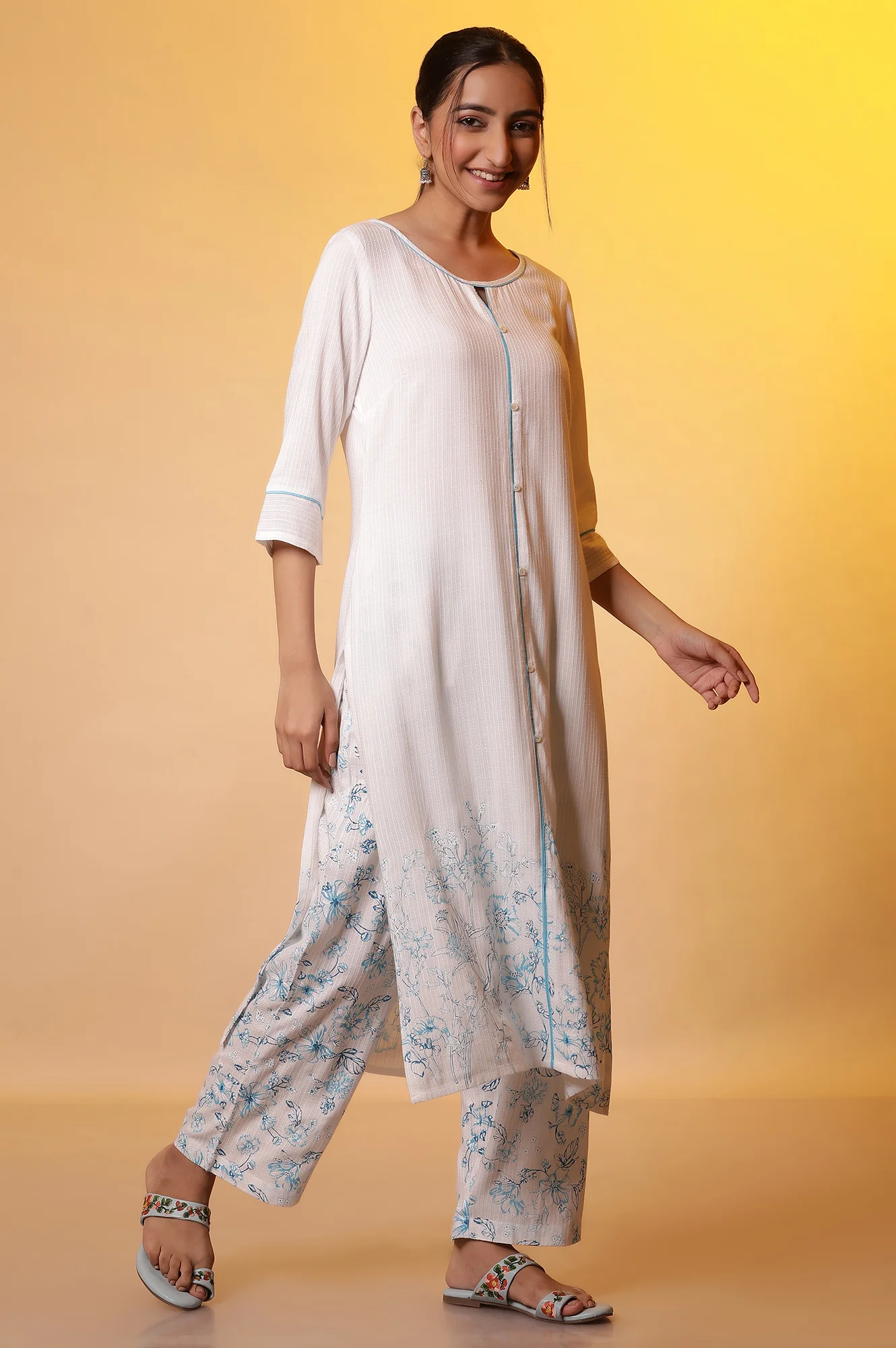 White Floral Printed Kurta, Palazzos and Dupatta Set - Image 3
