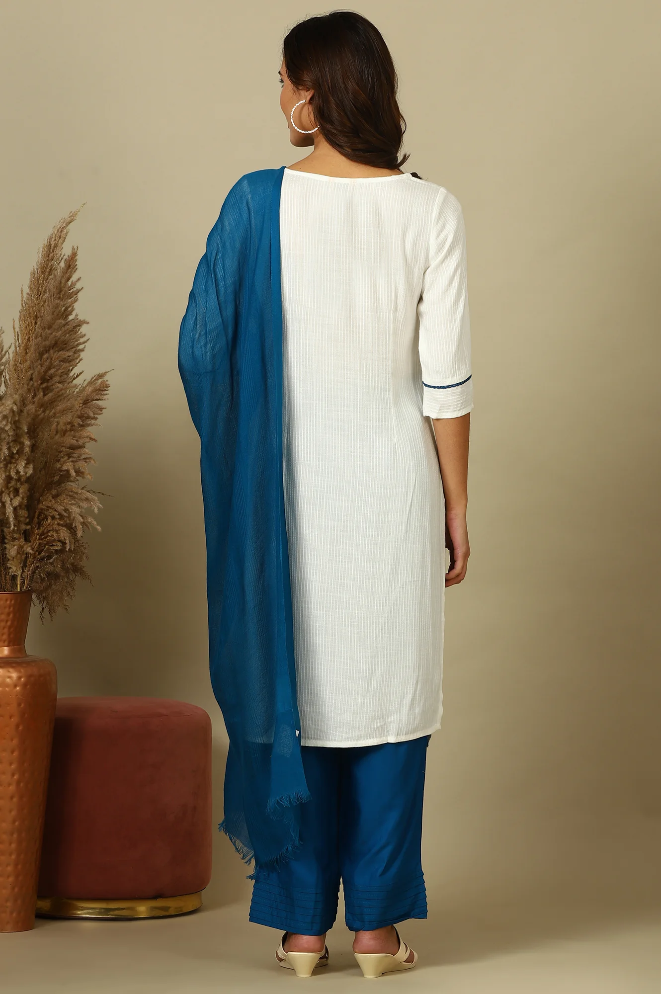 White Floral Printed Kurta, Pleated Narrow Palazzo and Dupatta Set - Image 3
