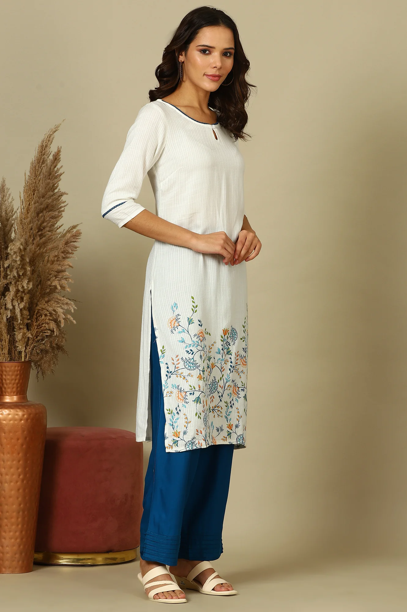 White Floral Printed Kurta, Pleated Narrow Palazzo and Dupatta Set - Image 7