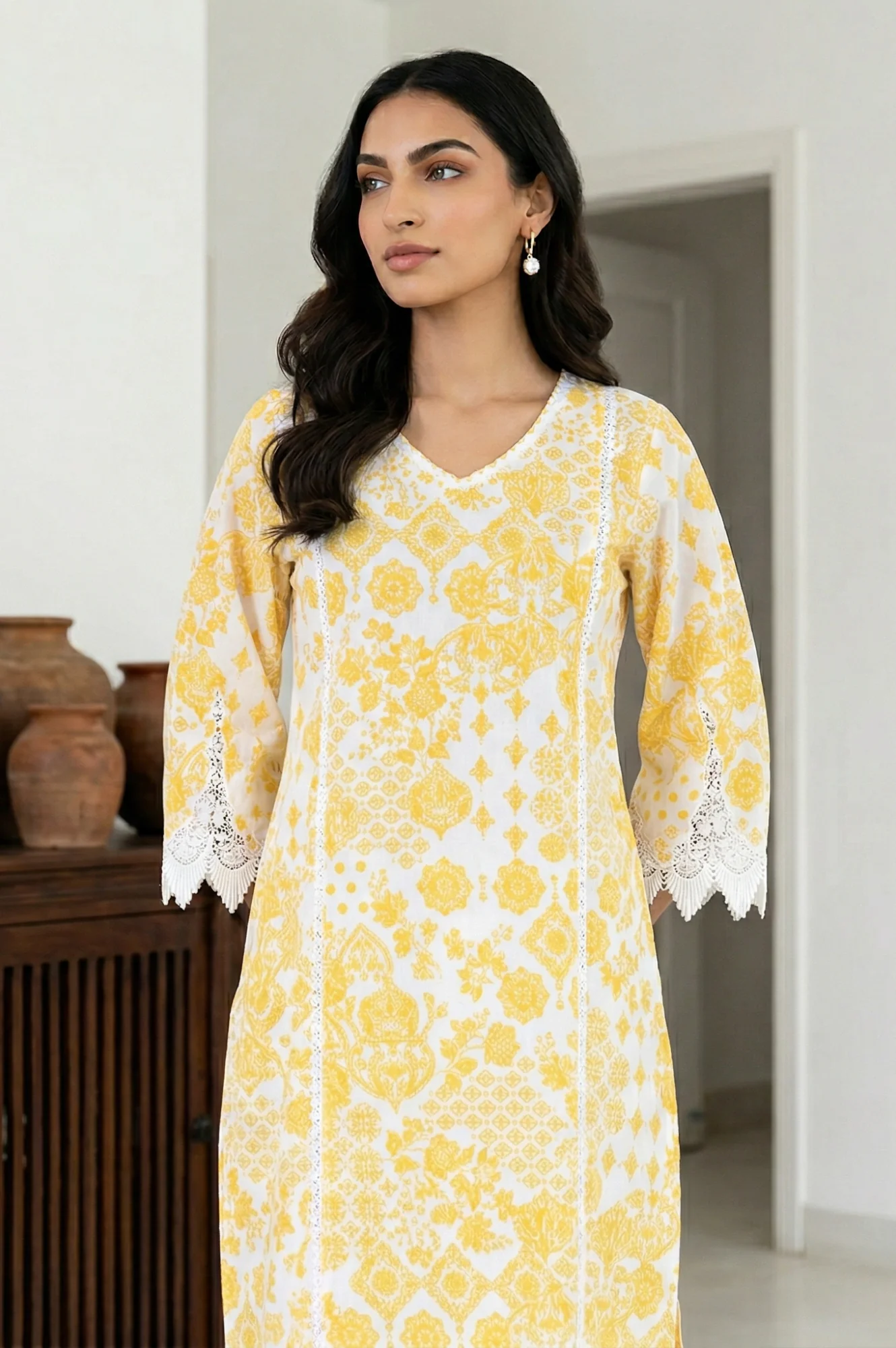 White Floral Printed Lace Pure Cotton Straight Kurta - Image 3