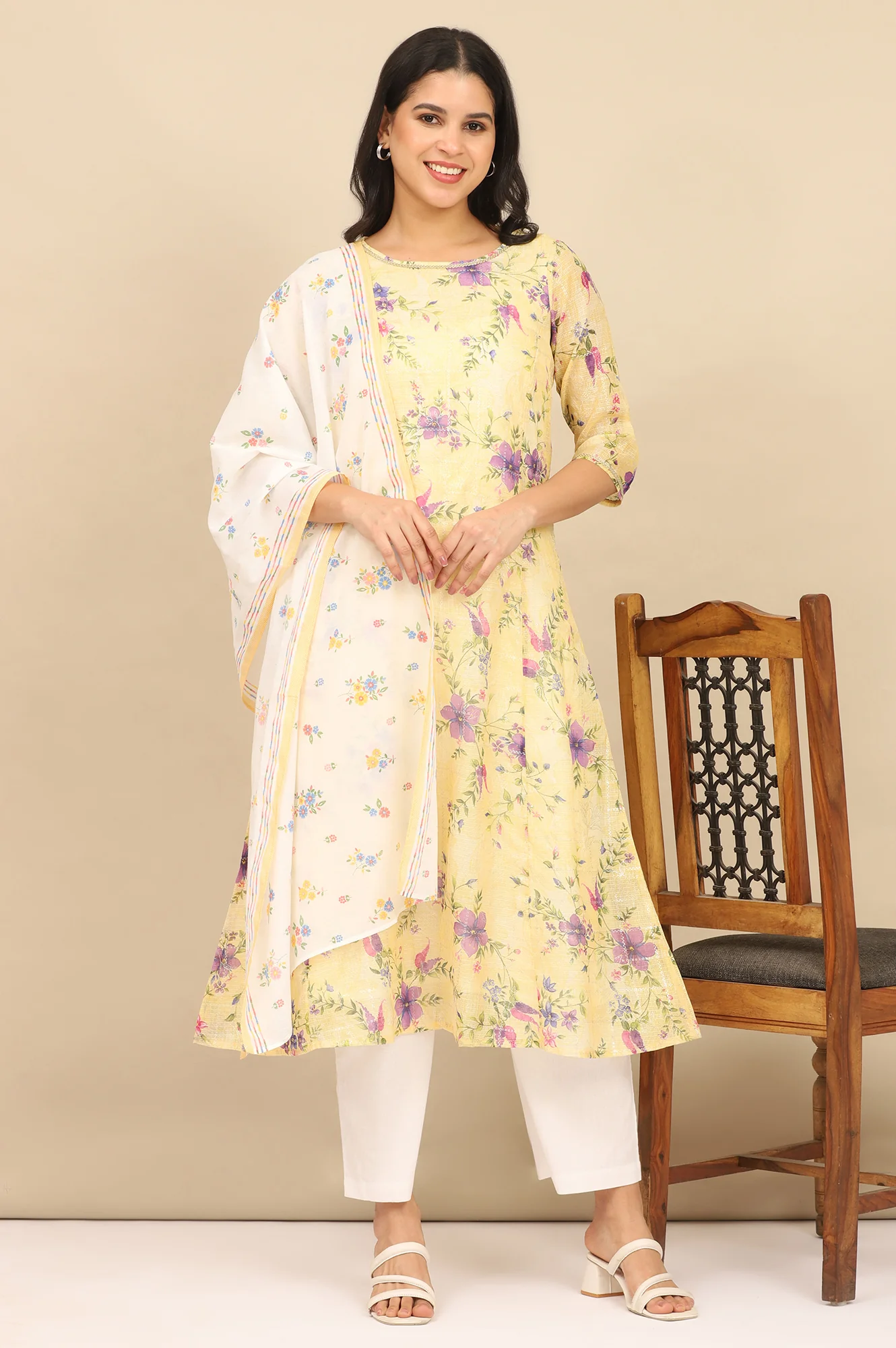 White Floral Printed Pure Cotton Stole - Image 2