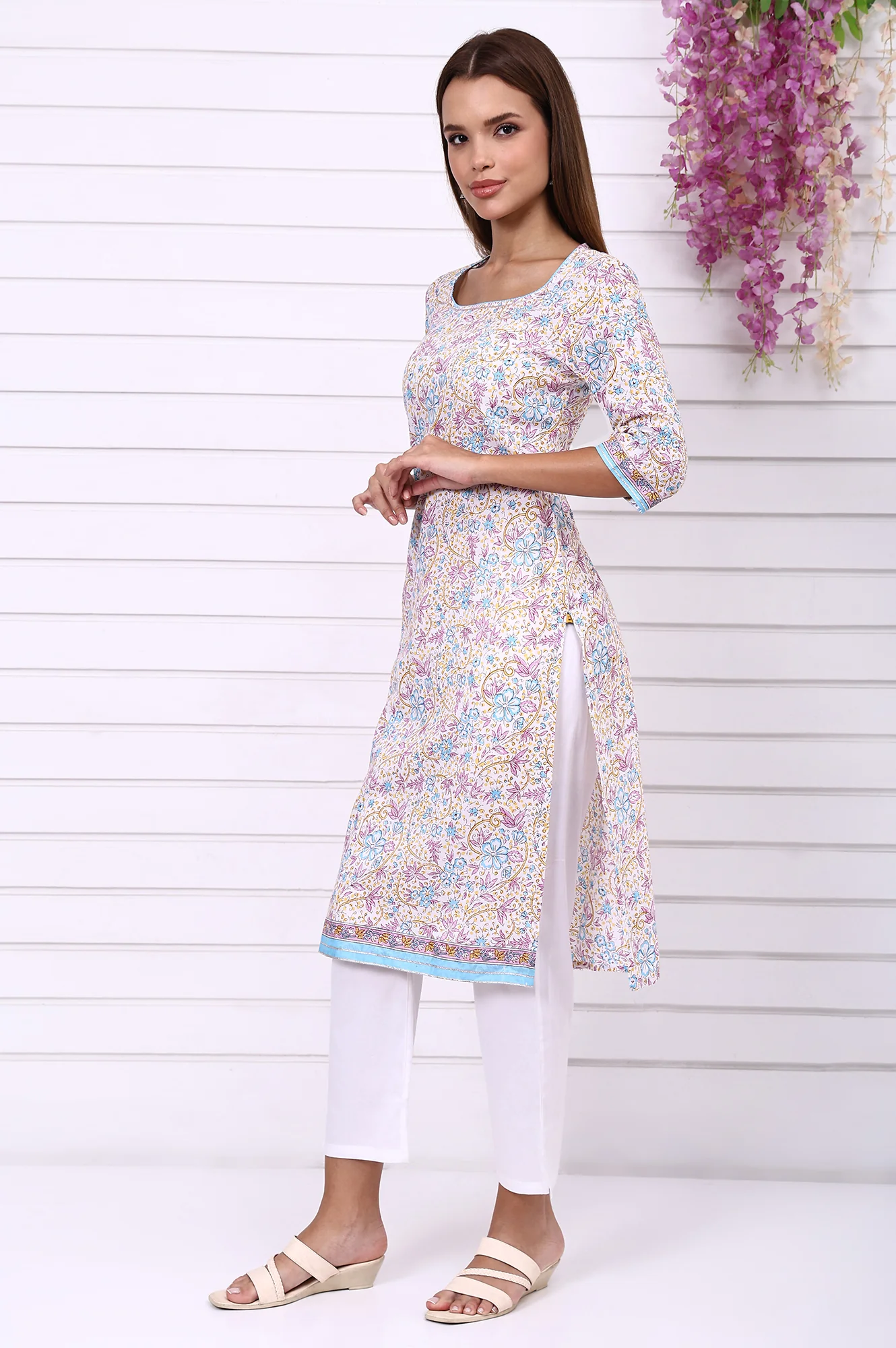 White Floral Printed Pure Cotton Straight Kurta with Tape - Image 4