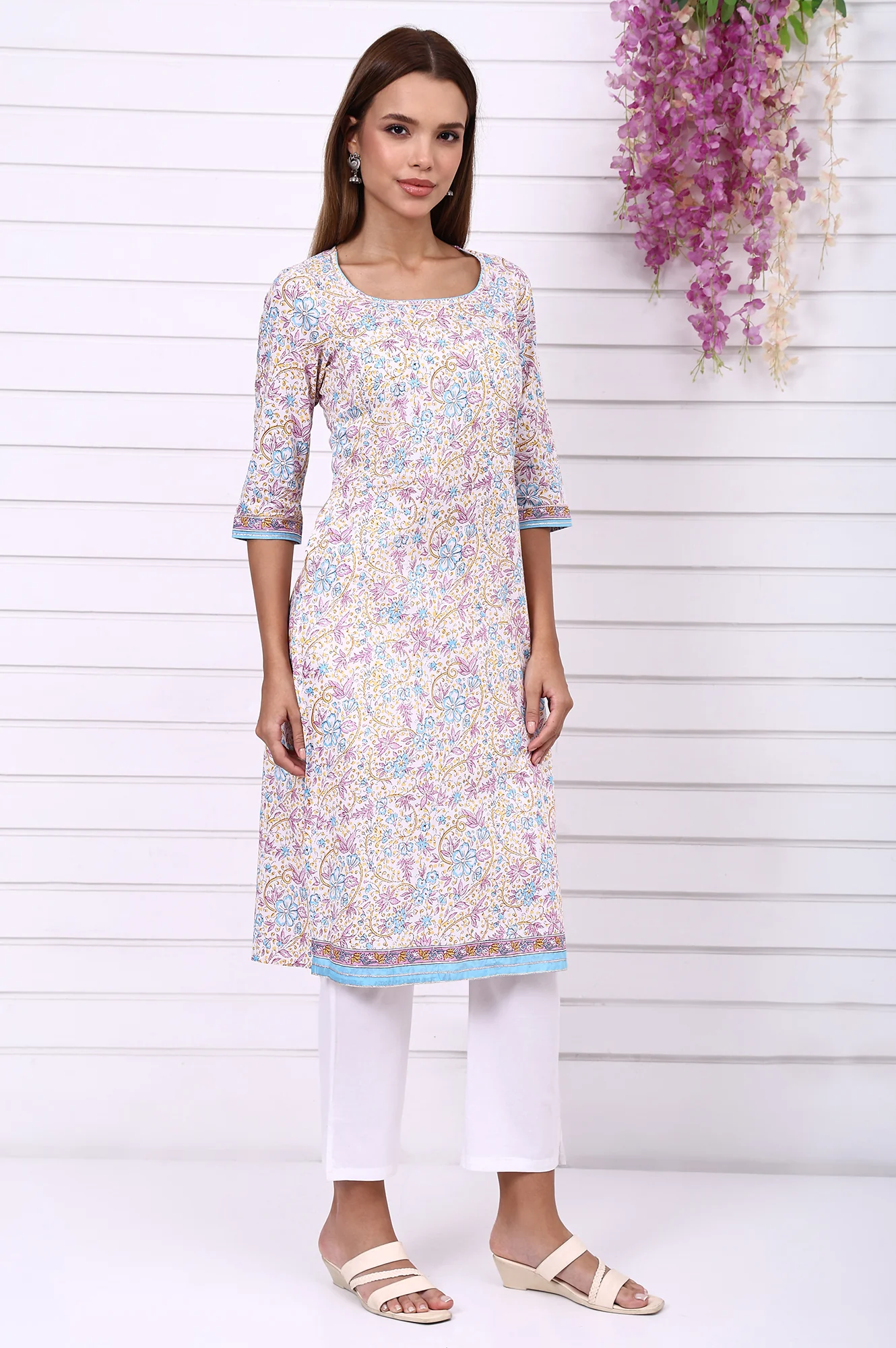 White Floral Printed Pure Cotton Straight Kurta with Tape - Image 6