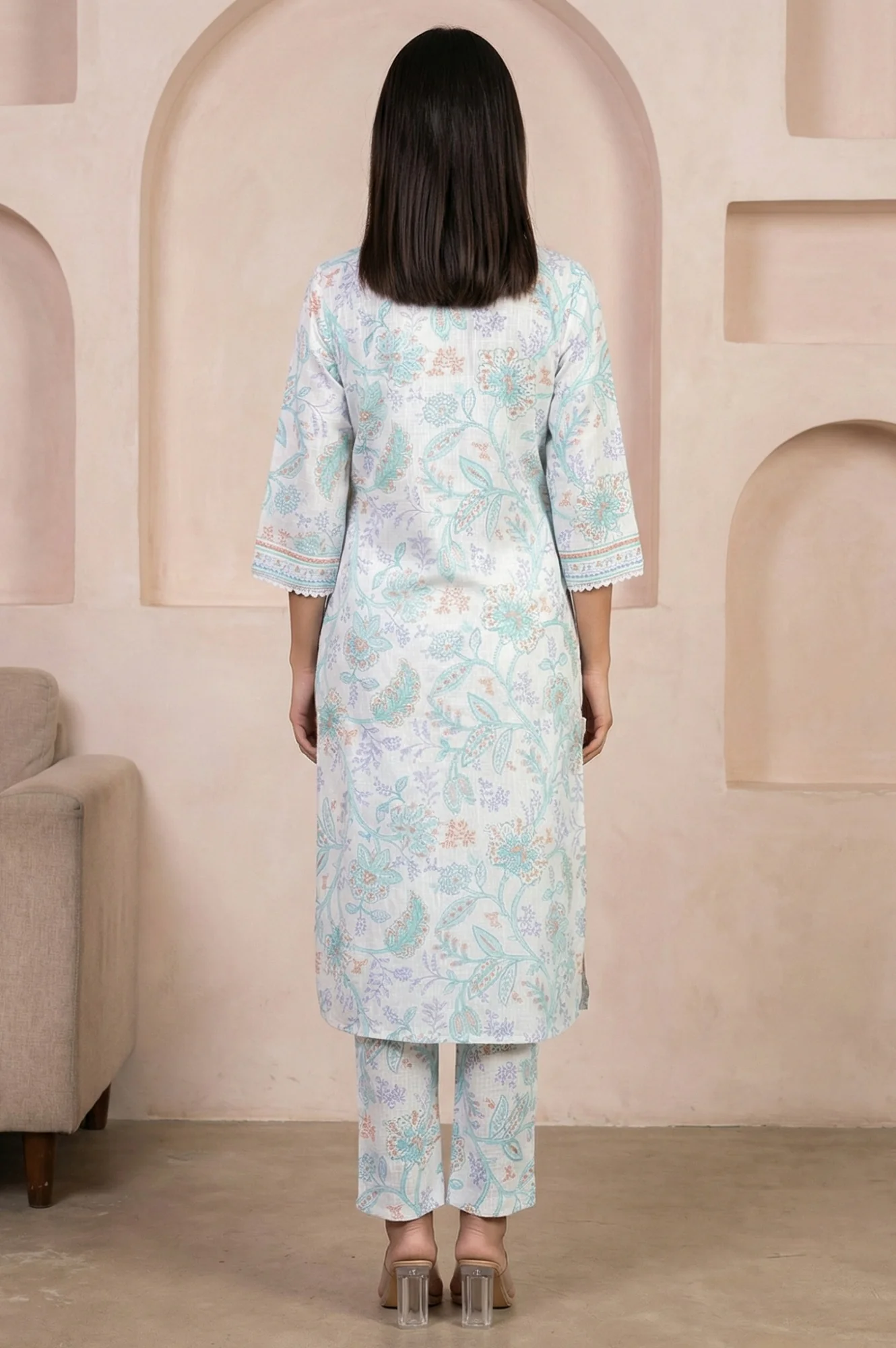 White Floral Printed Pure Cotton Straight Kurta With Trouser Co-ord Set - Image 5