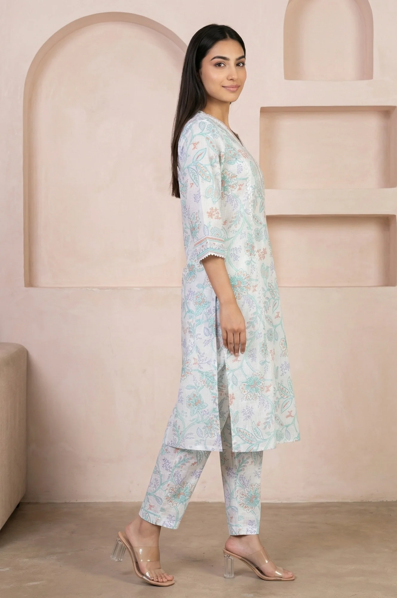 White Floral Printed Pure Cotton Straight Kurta With Trouser Co-ord Set - Image 6