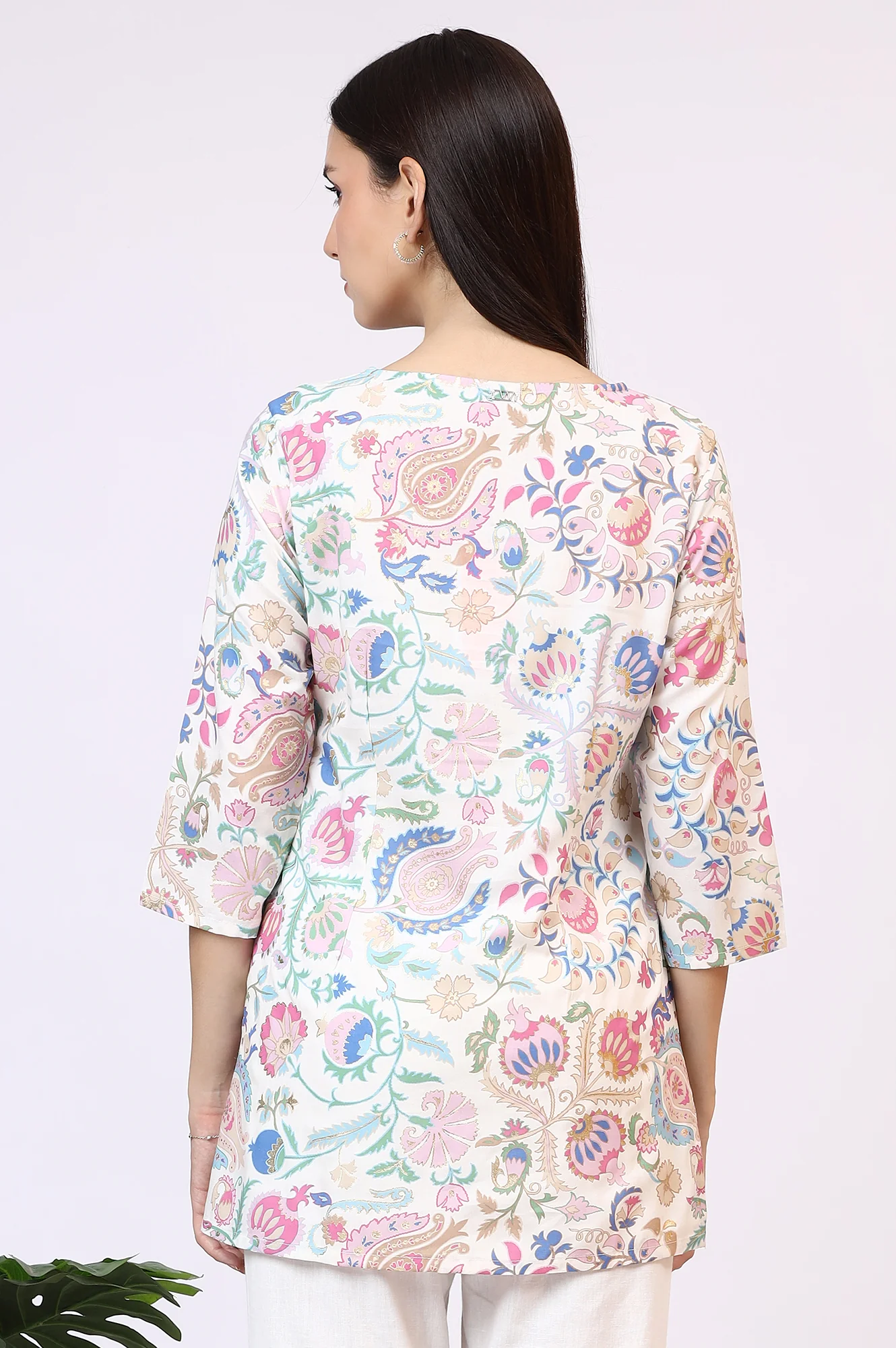 White Floral Printed Rayon Summer Tunic with Lace - Image 6