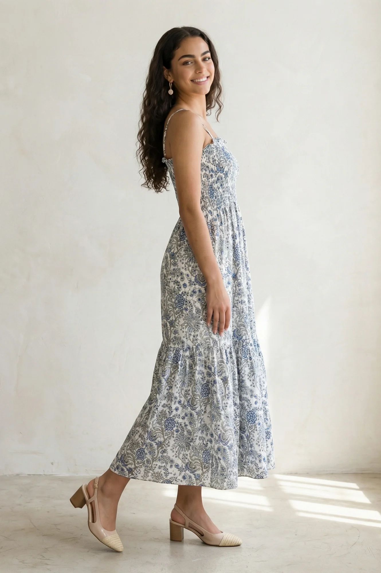 White Floral Printed Ruffled Fit & Flare Cotton Dress - Image 6
