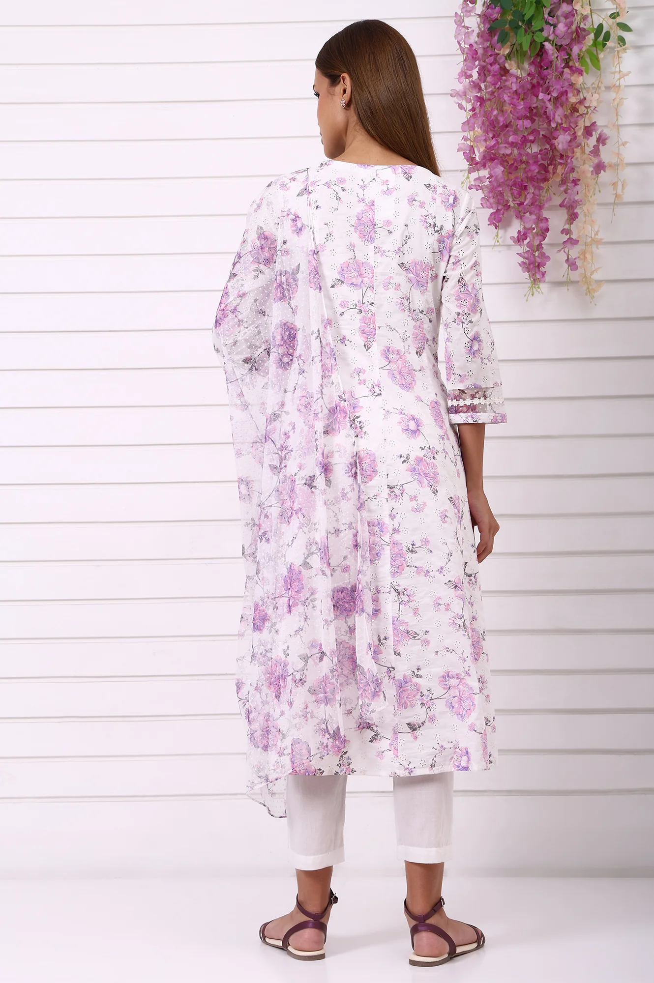 White Floral Printed Schiffily Embroidered Pure Cotton Anarkali Kurta, Trousers and Dupatta Set - Image 5