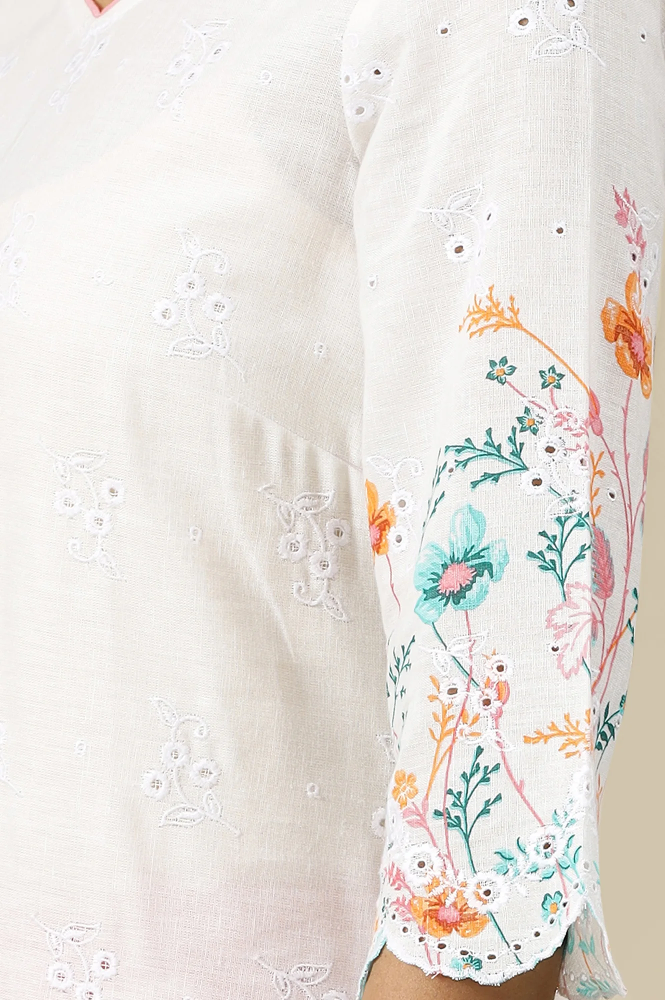White Floral Printed Schiffli Embroidered Sweetheart Neck Straight Kurta - Image 9