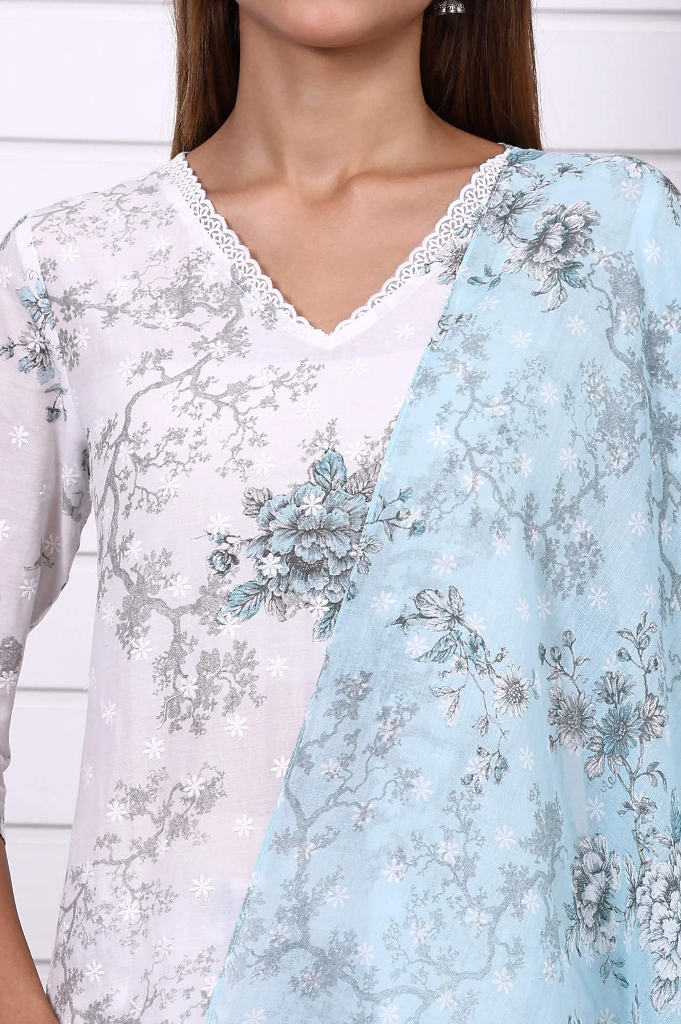 White Floral Printed Schiffly Embroidered Pure Cotton Straight Kurta, Palazzo and Dupatta Set - Image 3