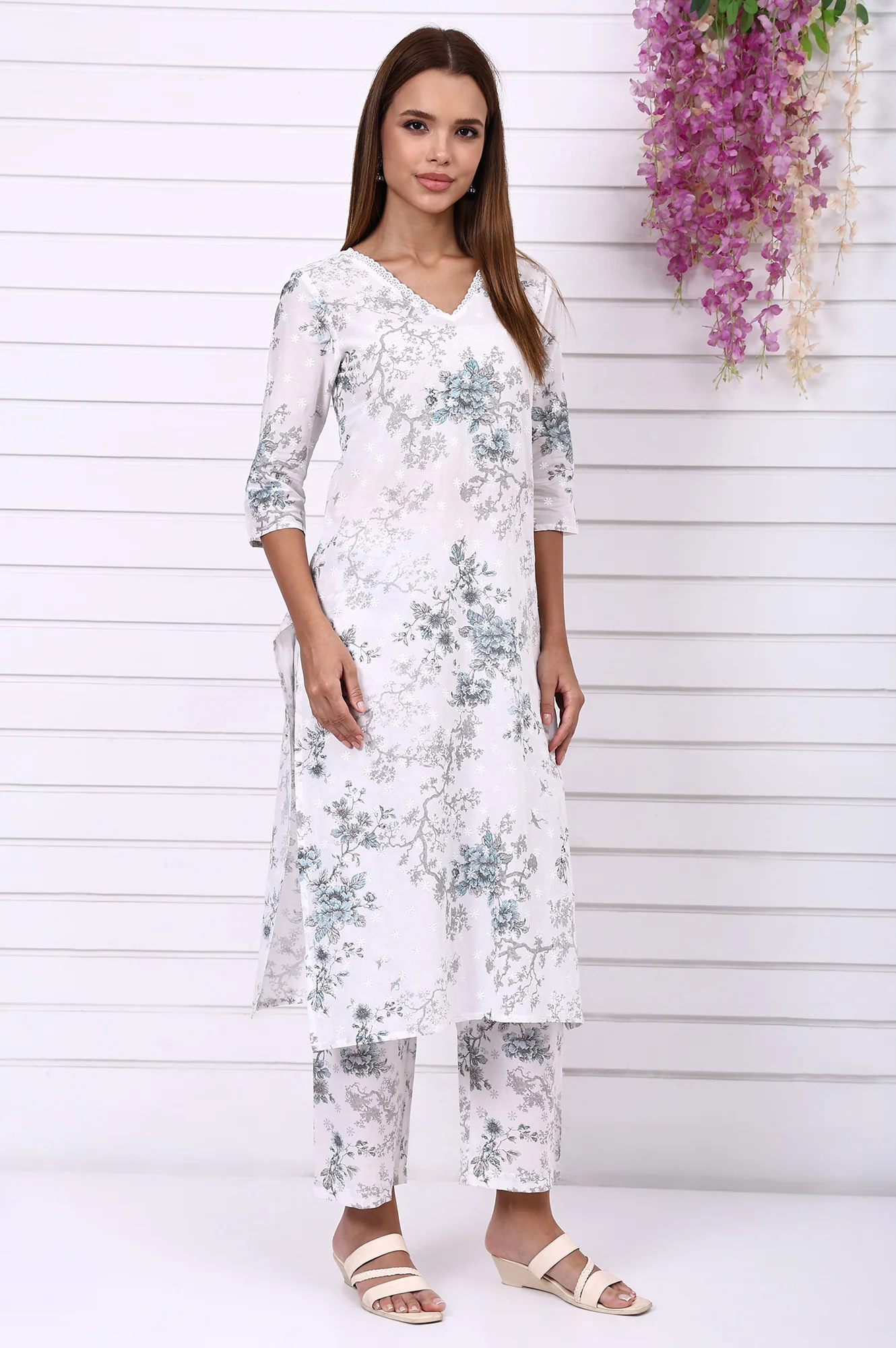 White Floral Printed Schiffly Embroidered Pure Cotton Straight Kurta, Palazzo and Dupatta Set - Image 6