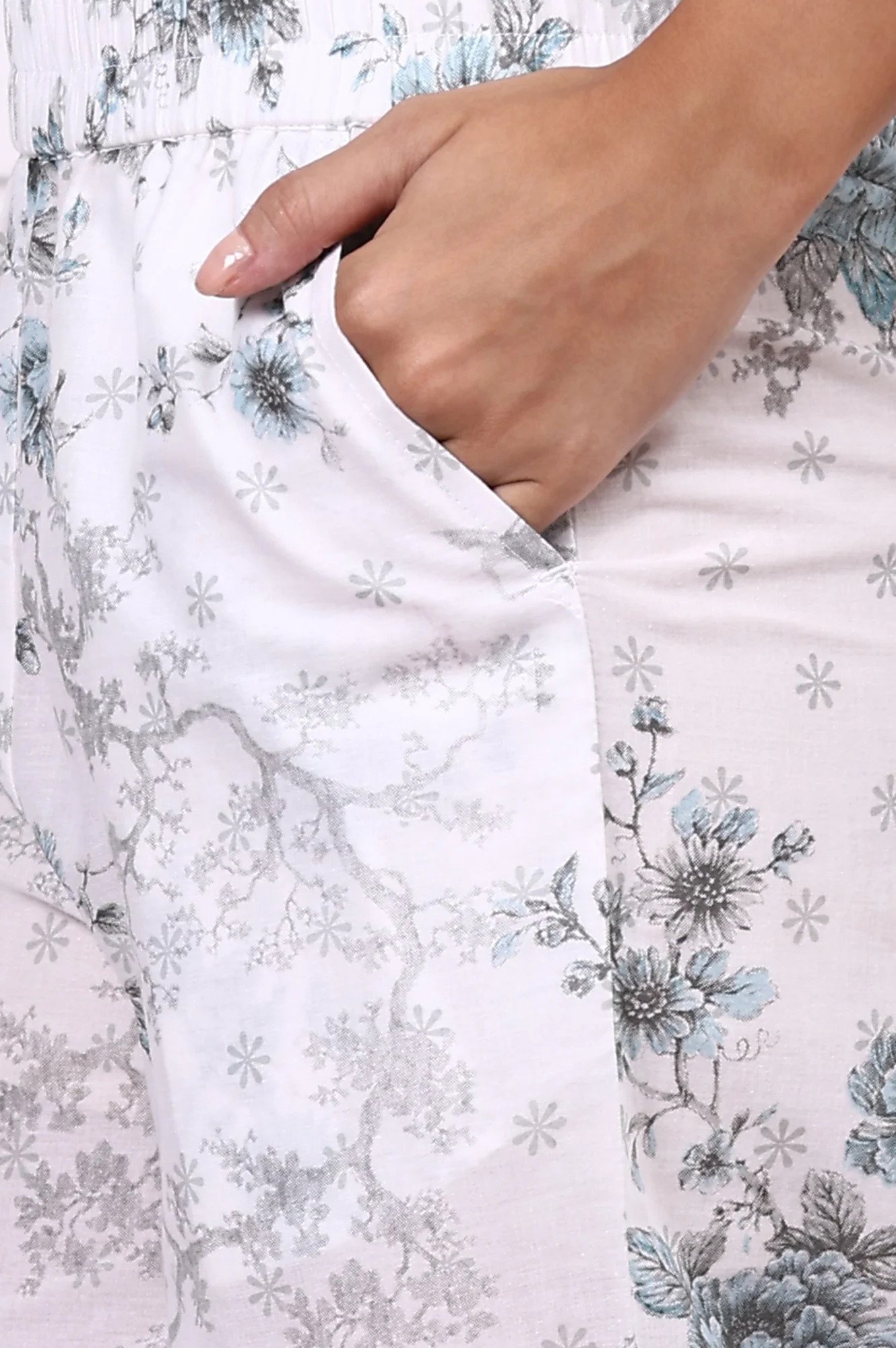 White Floral Printed Schiffly Embroidered Pure Cotton Straight Kurta, Palazzo and Dupatta Set - Image 8
