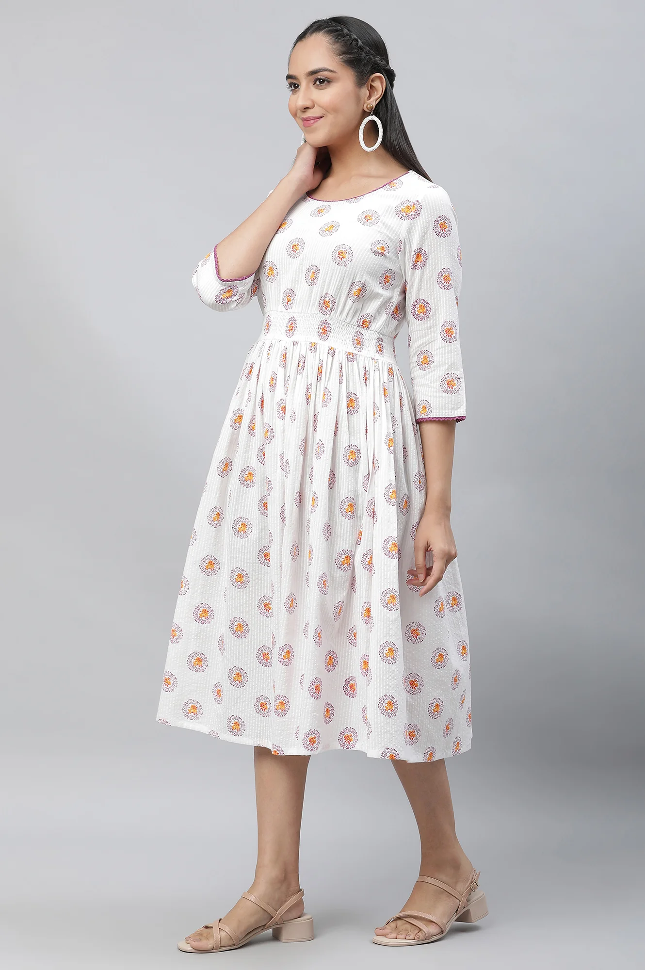 White Floral Printed Cotton Short Dress - Image 3