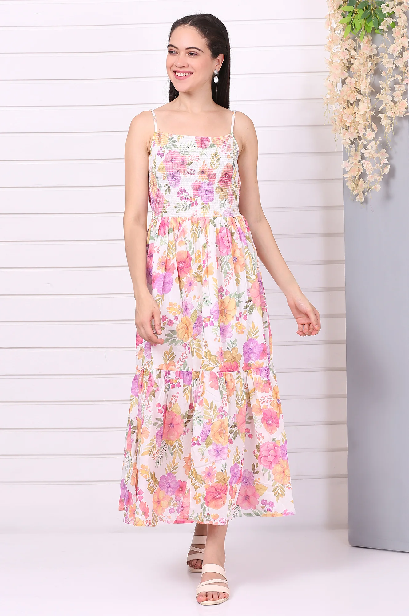 White Floral Printed Straight Cotton Mulmul Dress - Image 2