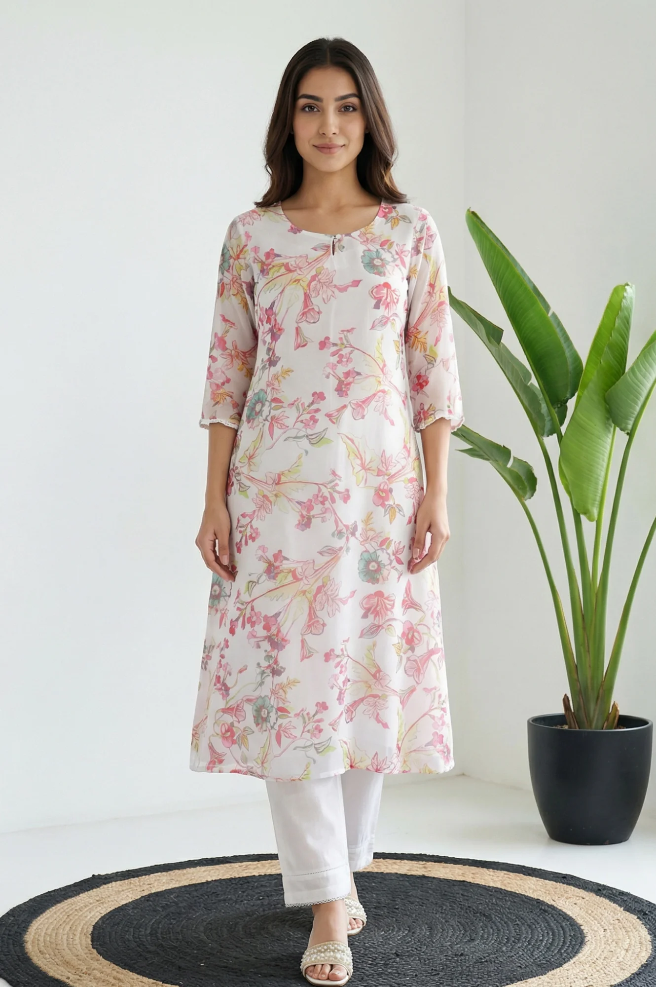 White Floral Printed Straight Kurta