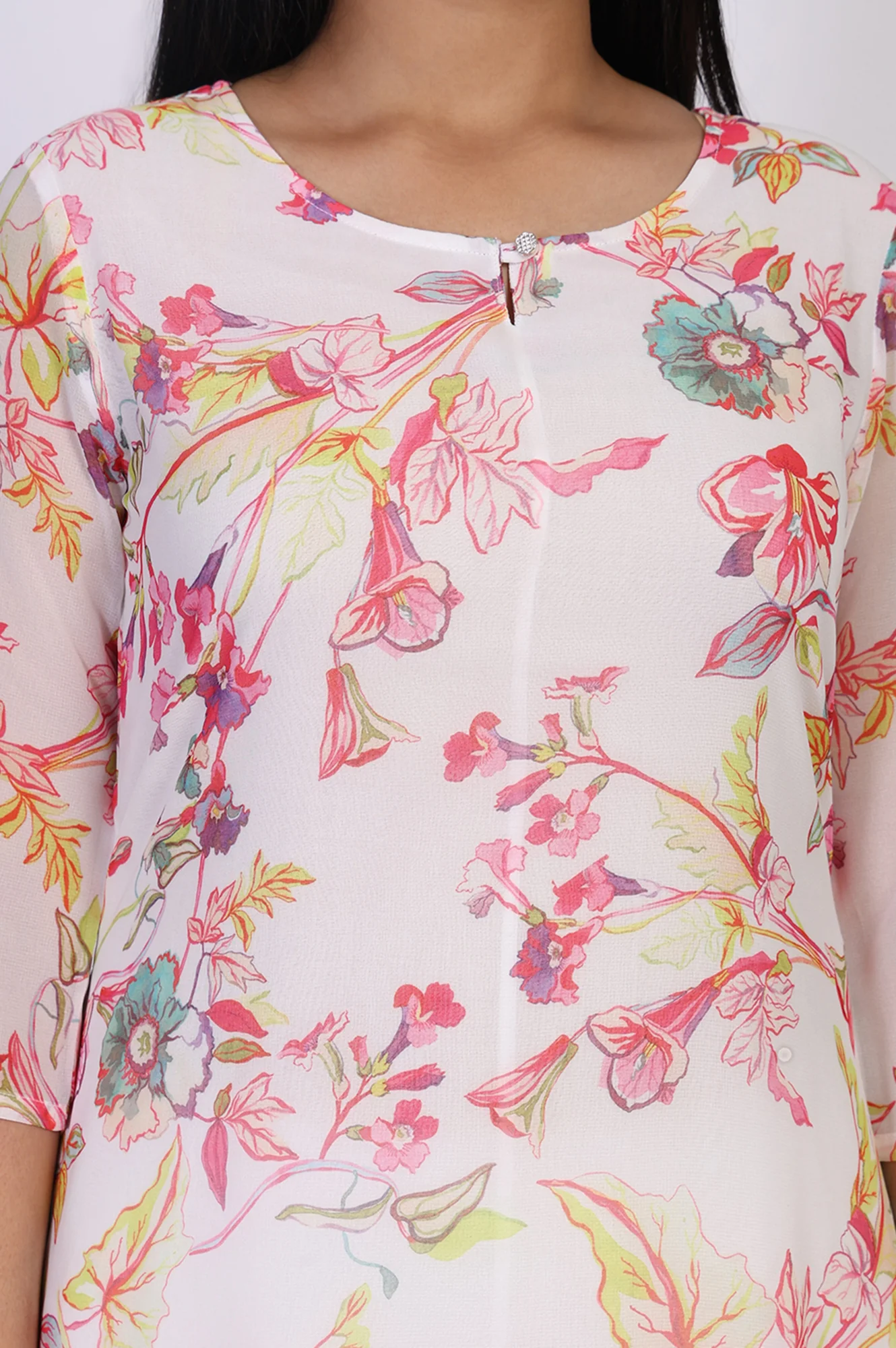 White Floral Printed Straight Kurta - Image 2