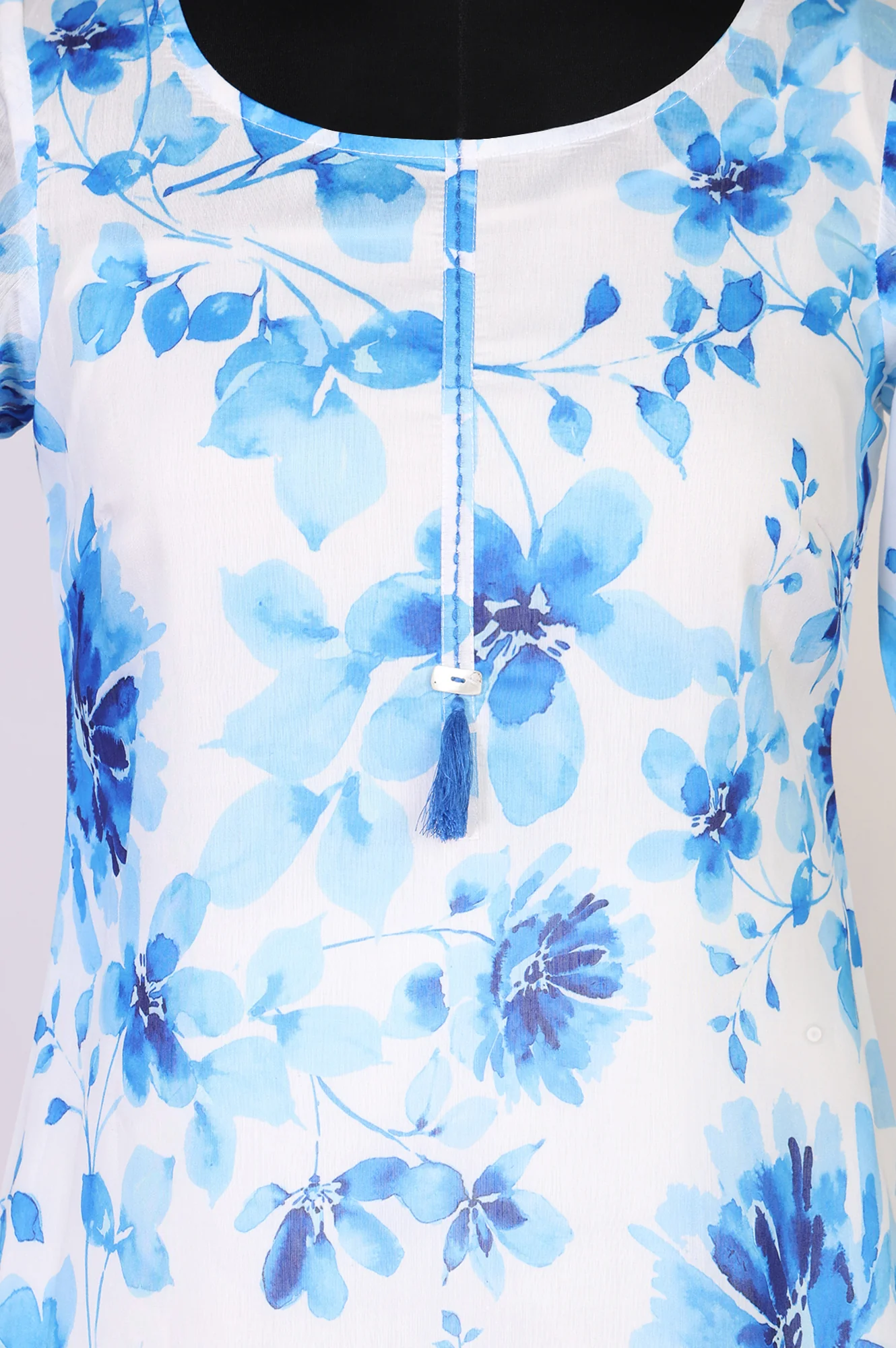 White Floral Printed Tassel Tassels Organza Straight Kurti - Image 2