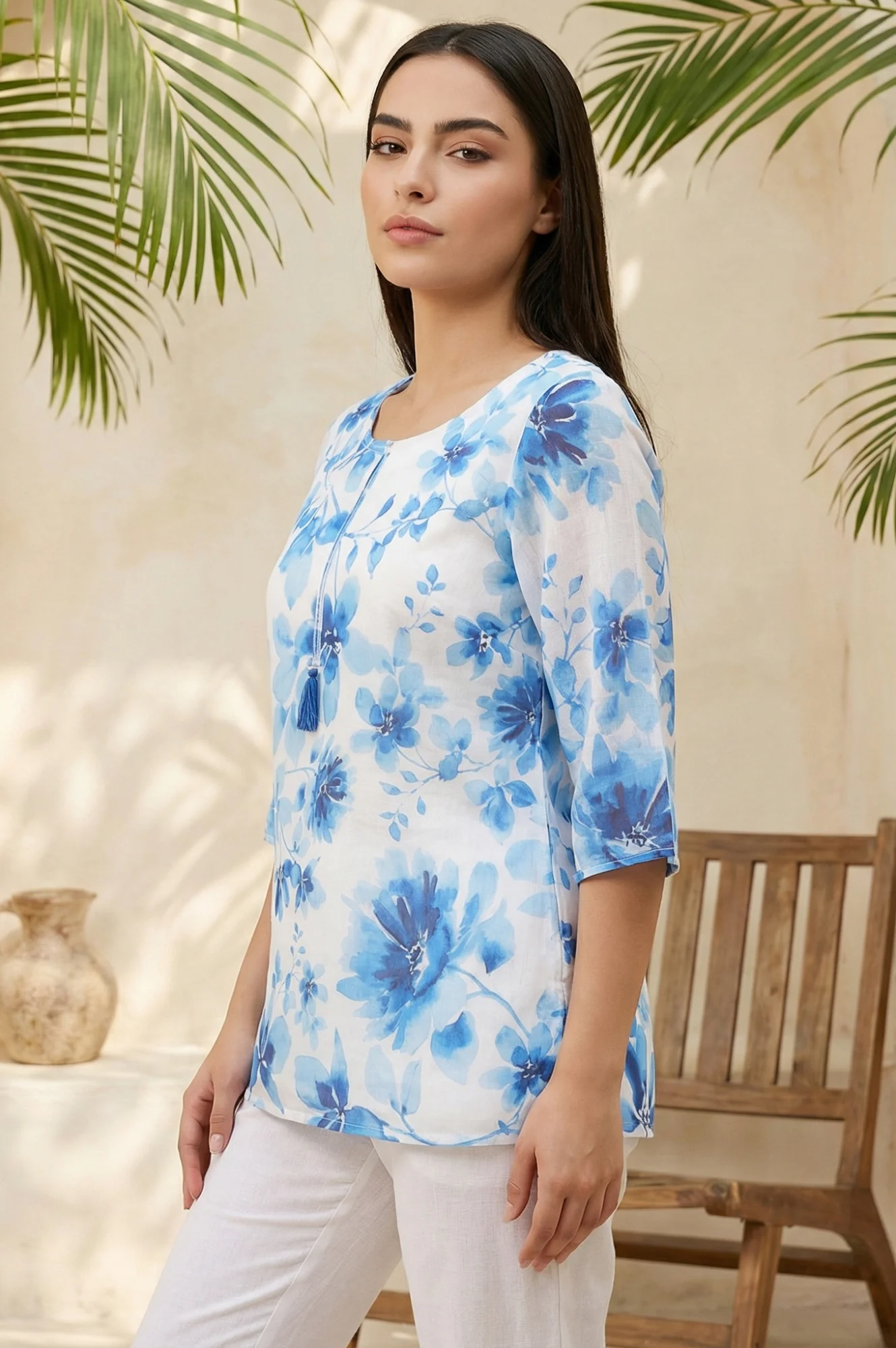 White Floral Printed Tassel Tassels Organza Straight Kurti - Image 3