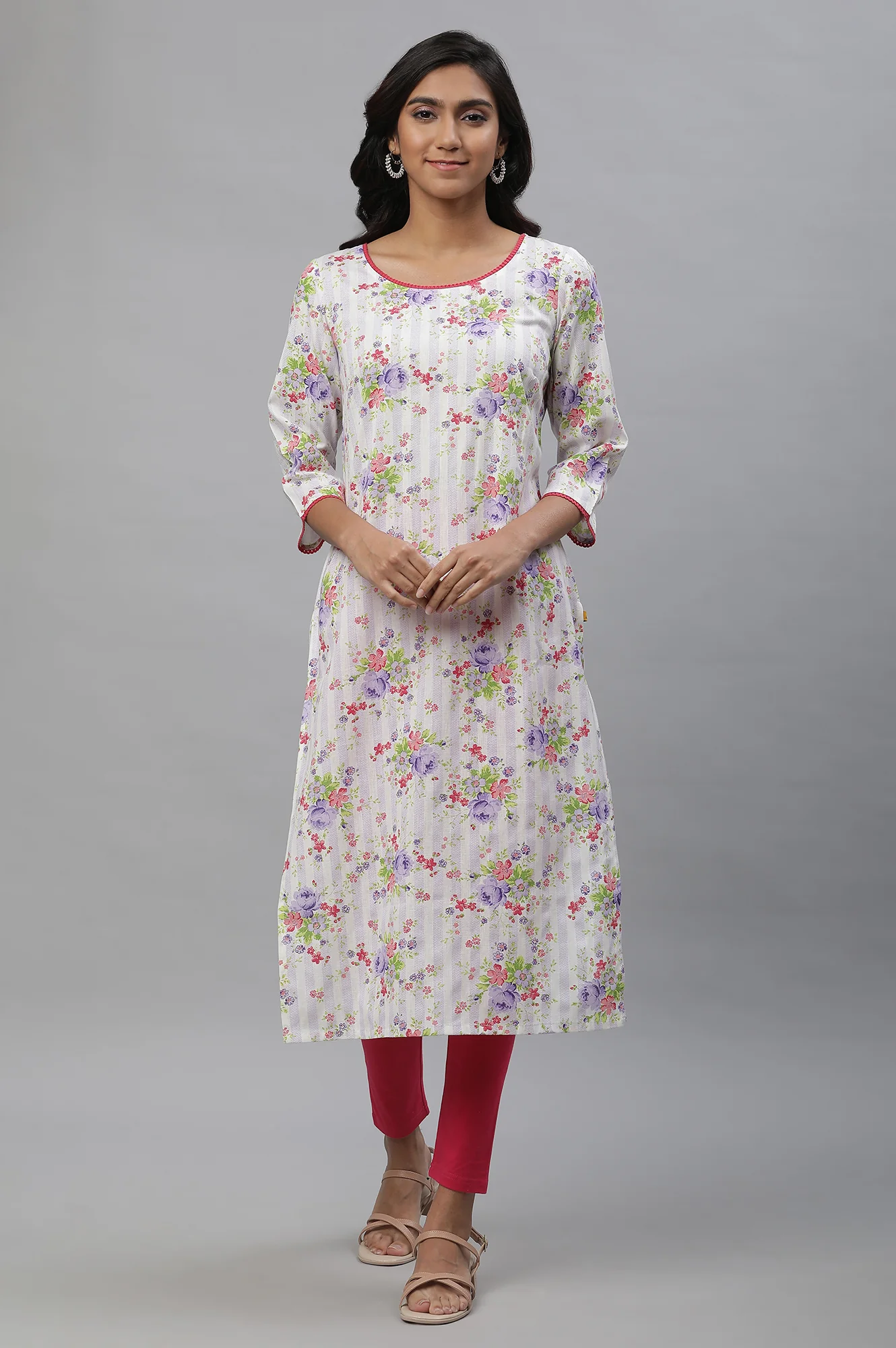 White Floral Straight Cotton Kurta - Image 2