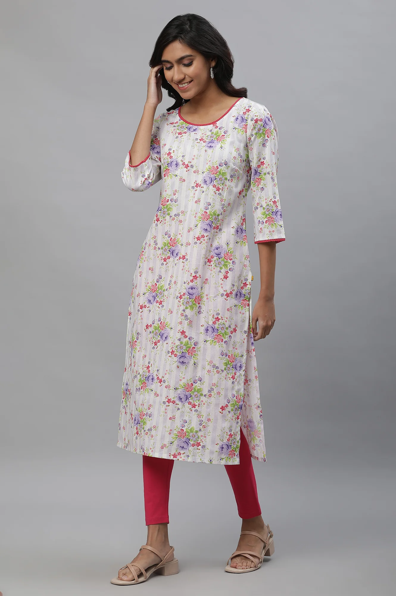 White Floral Straight Cotton Kurta - Image 3