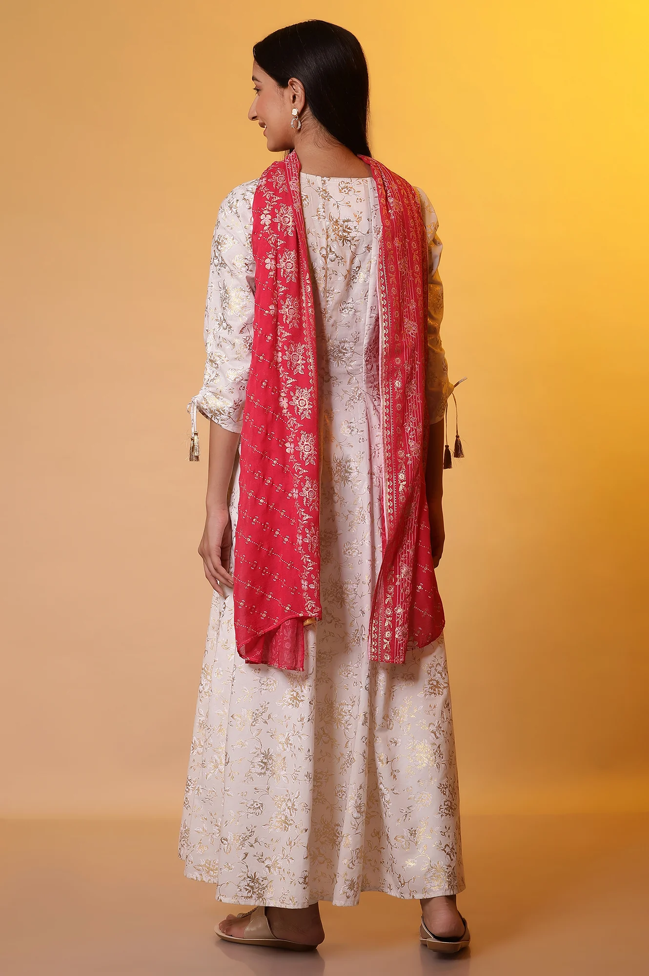 White Foil Printed Flared Kurta, Tights and Stole Set - Image 4