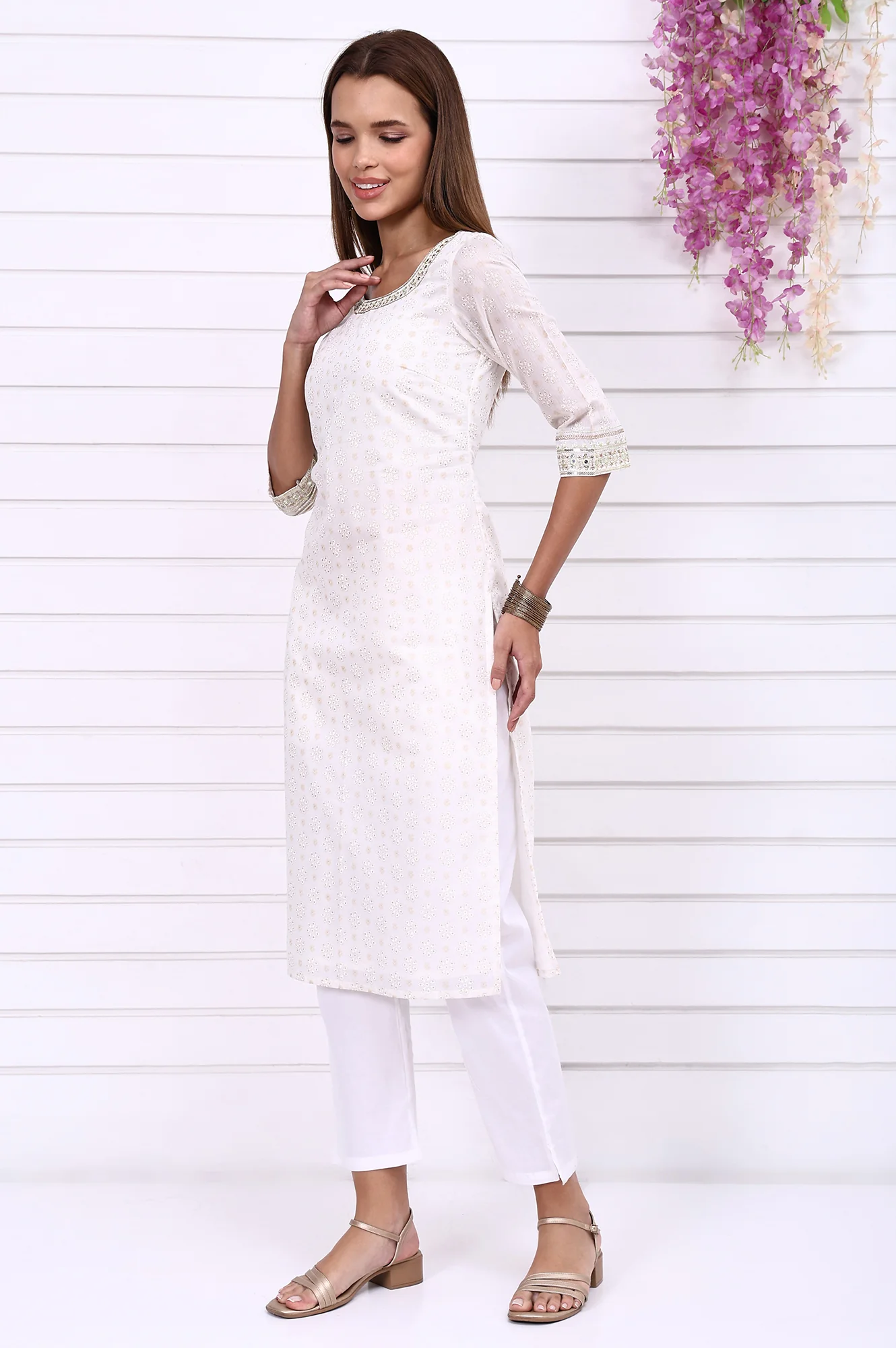 White Foil Printed Sequined Straight Festive Kurta - Image 4