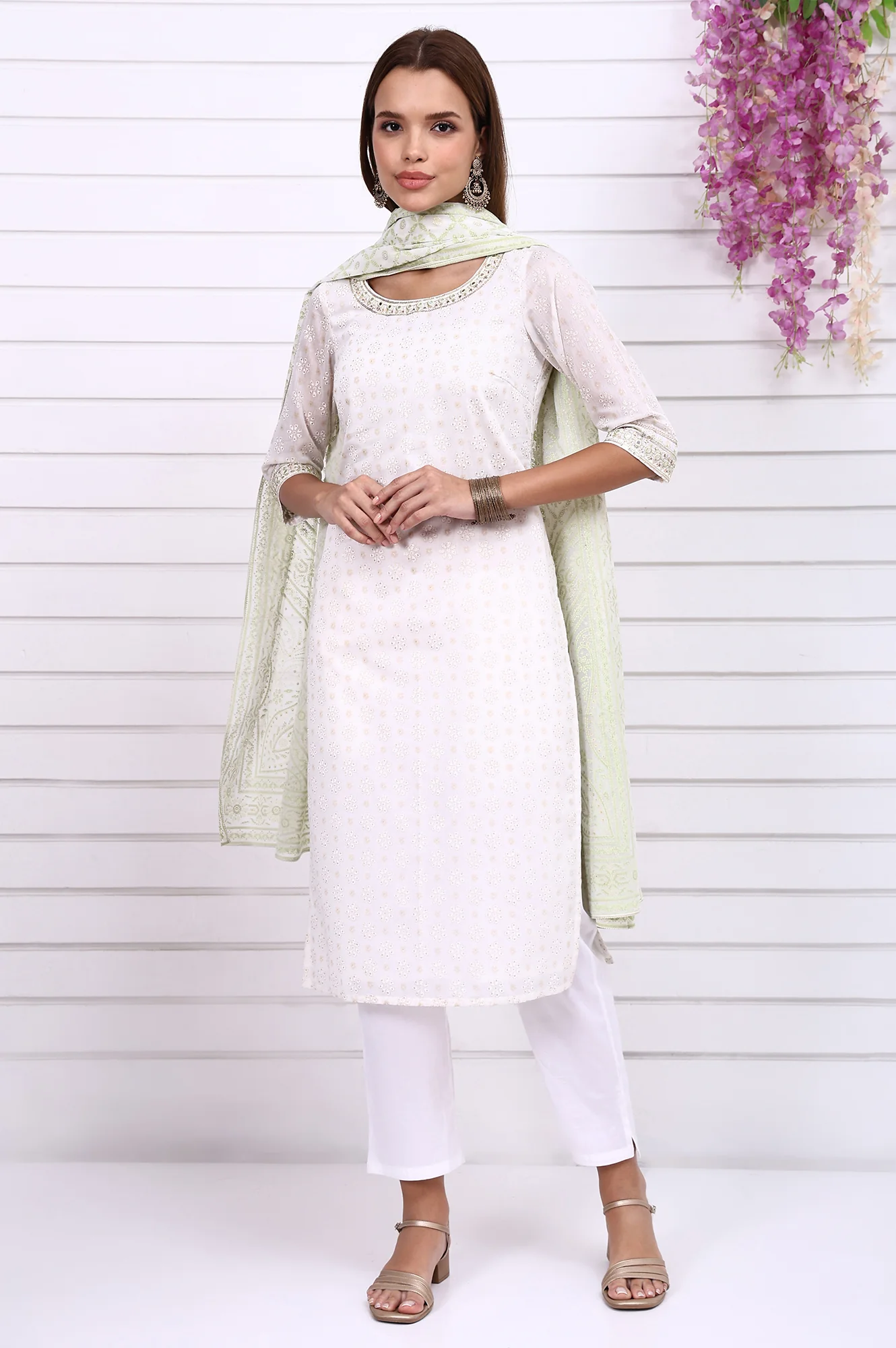White Foil Printed Sequined Straight Festive Kurta - Image 7