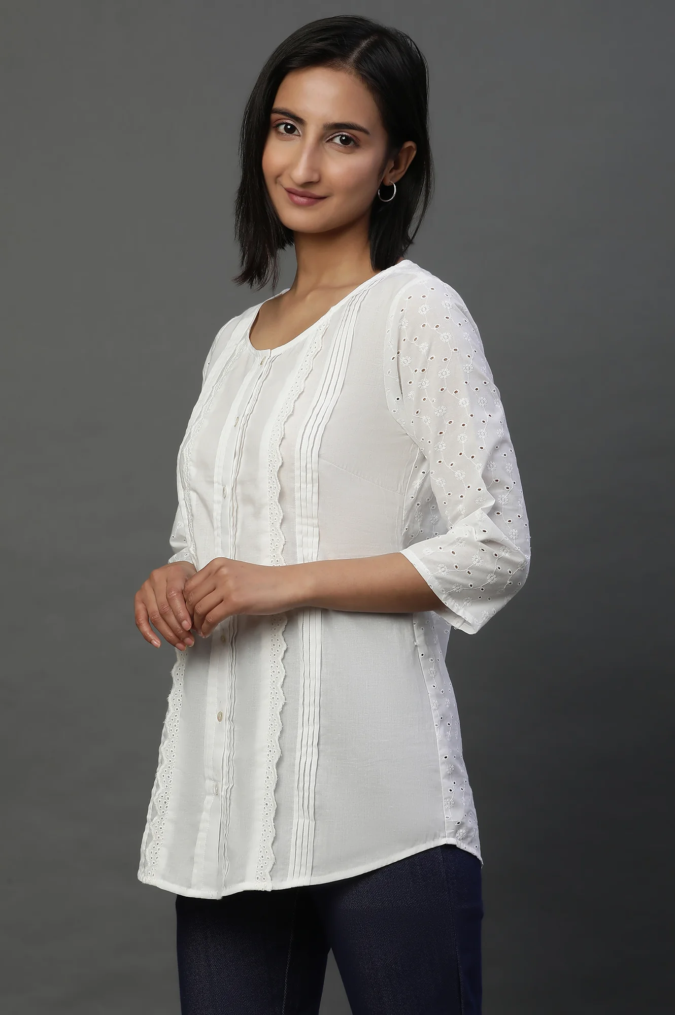 White Front Pleated Schiffli Short Kurti - Image 2