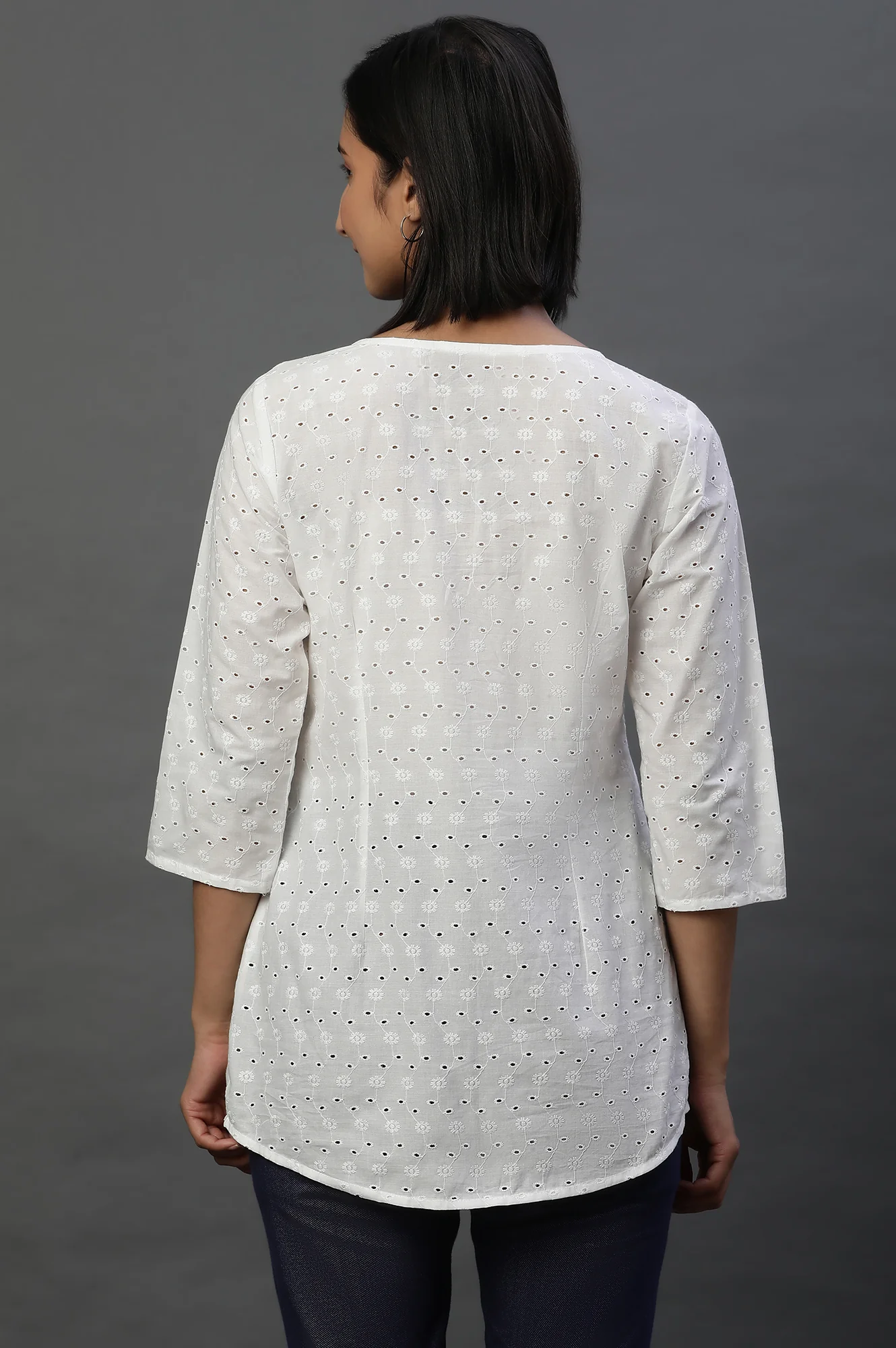 White Front Pleated Schiffli Short Kurti - Image 3