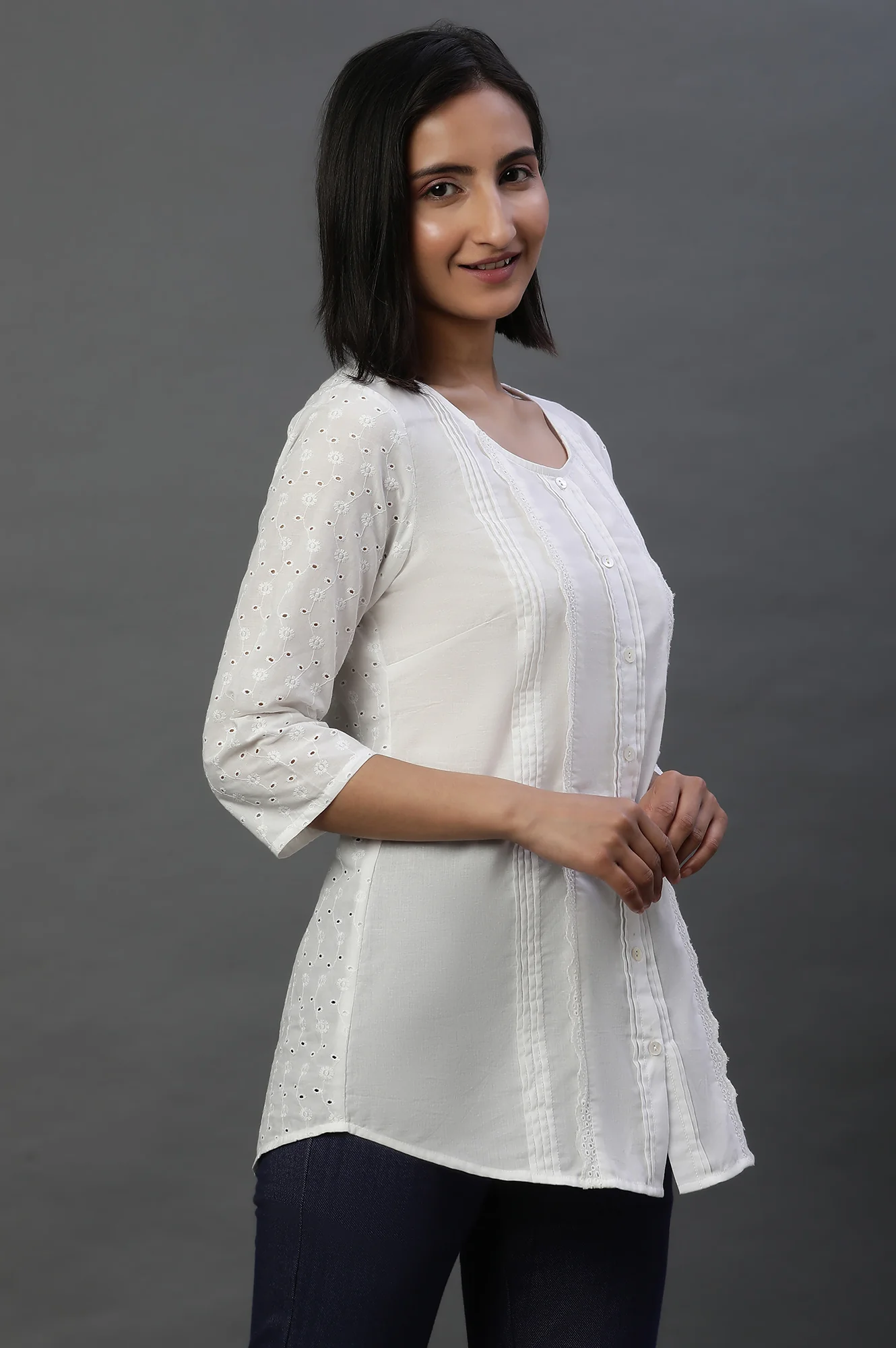 White Front Pleated Schiffli Short Kurti - Image 4